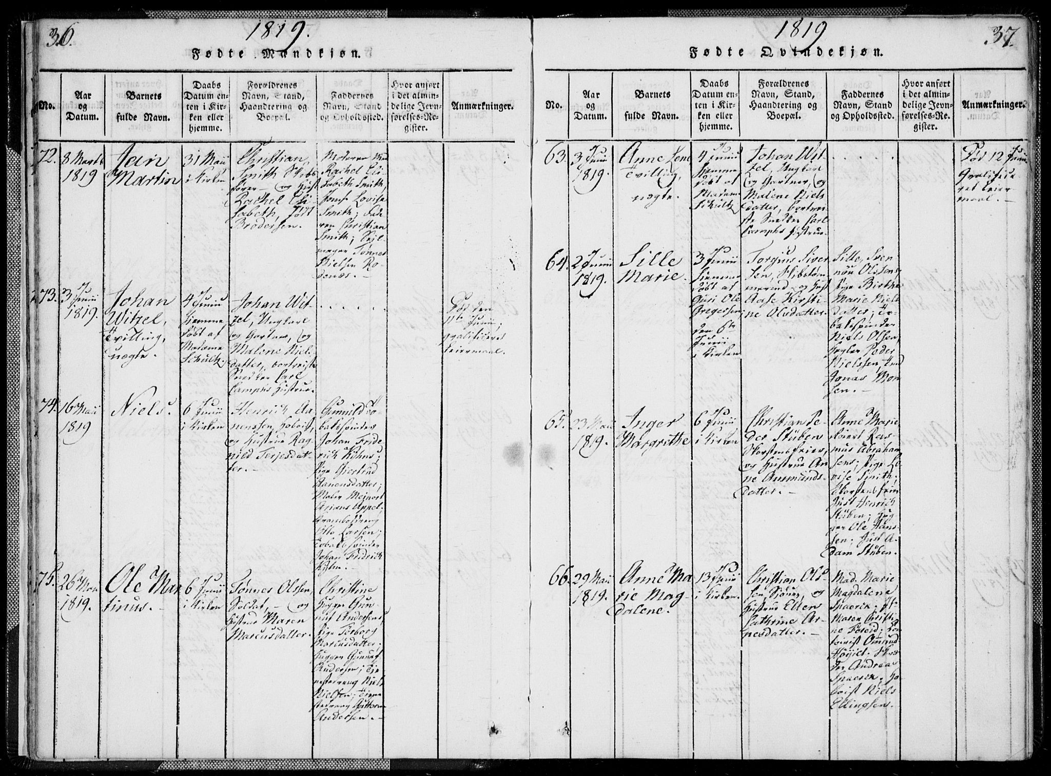 Kristiansand domprosti, AV/SAK-1112-0006/F/Fa/L0008: Ministerialbok nr. A 8, 1818-1821, s. 36-37