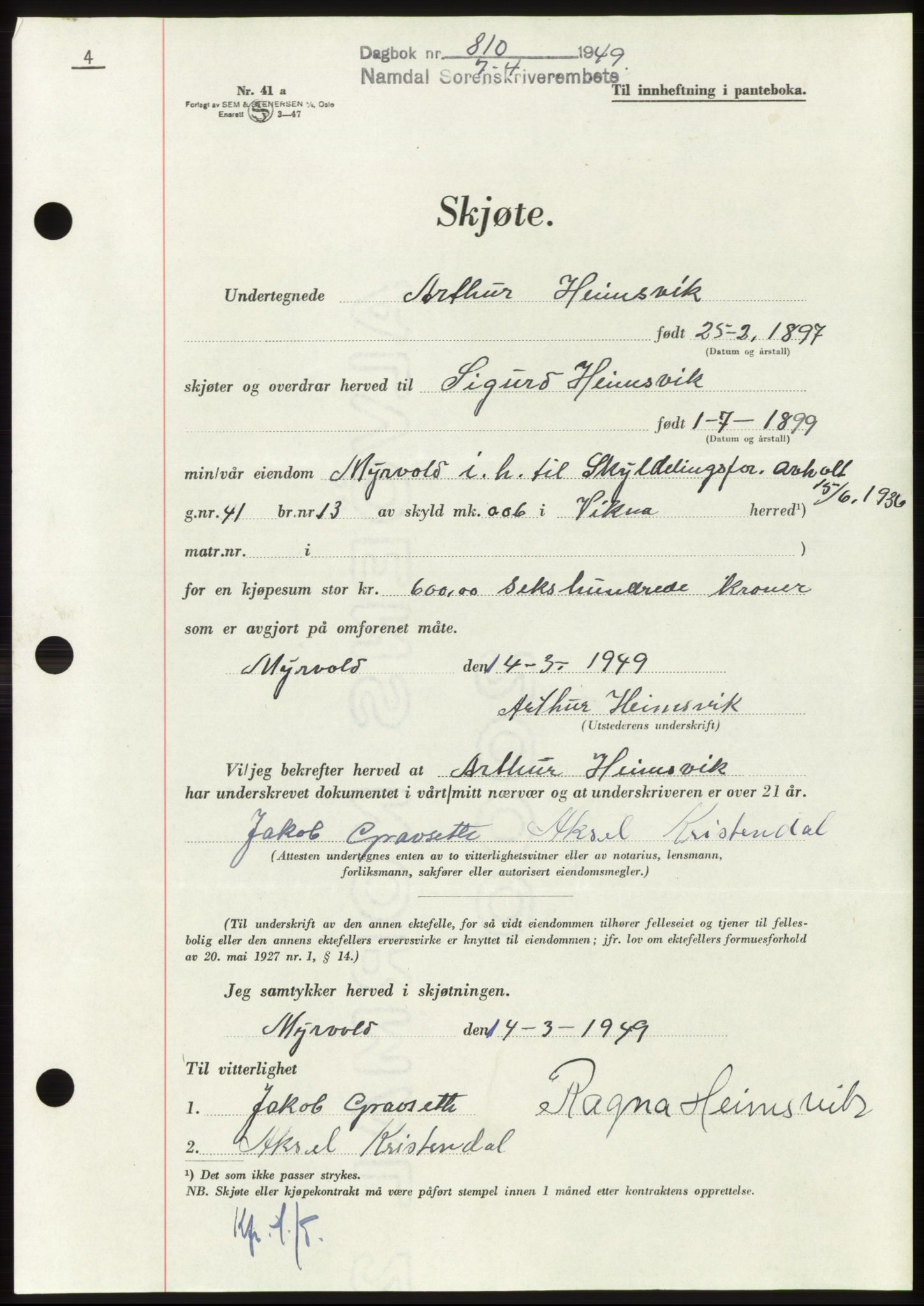 Namdal sorenskriveri, SAT/A-4133/1/2/2C: Pantebok nr. -, 1949-1949, Dagboknr: 810/1949