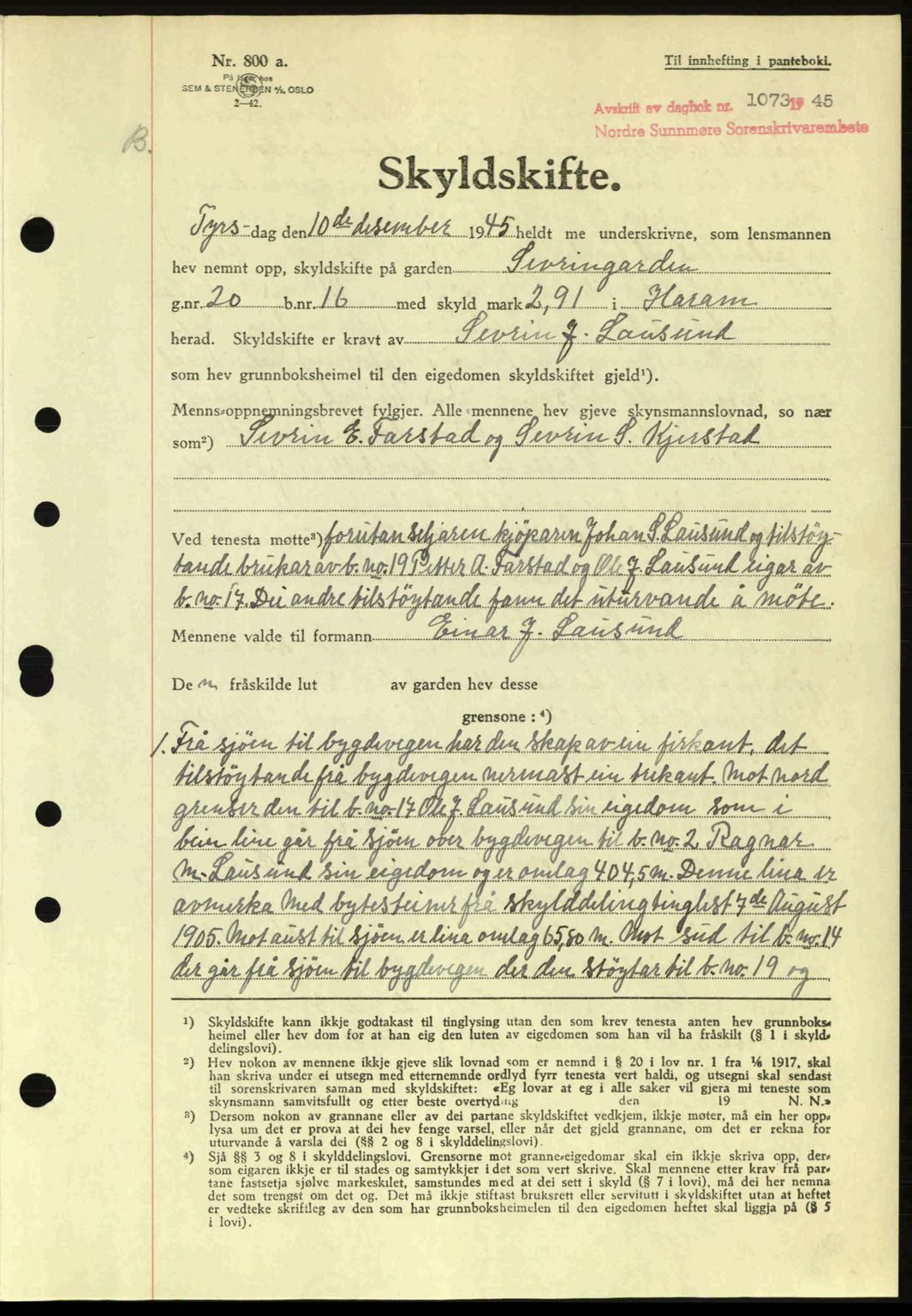 Nordre Sunnmøre sorenskriveri, AV/SAT-A-0006/1/2/2C/2Ca: Pantebok nr. A20a, 1945-1945, Dagboknr: 1073/1945