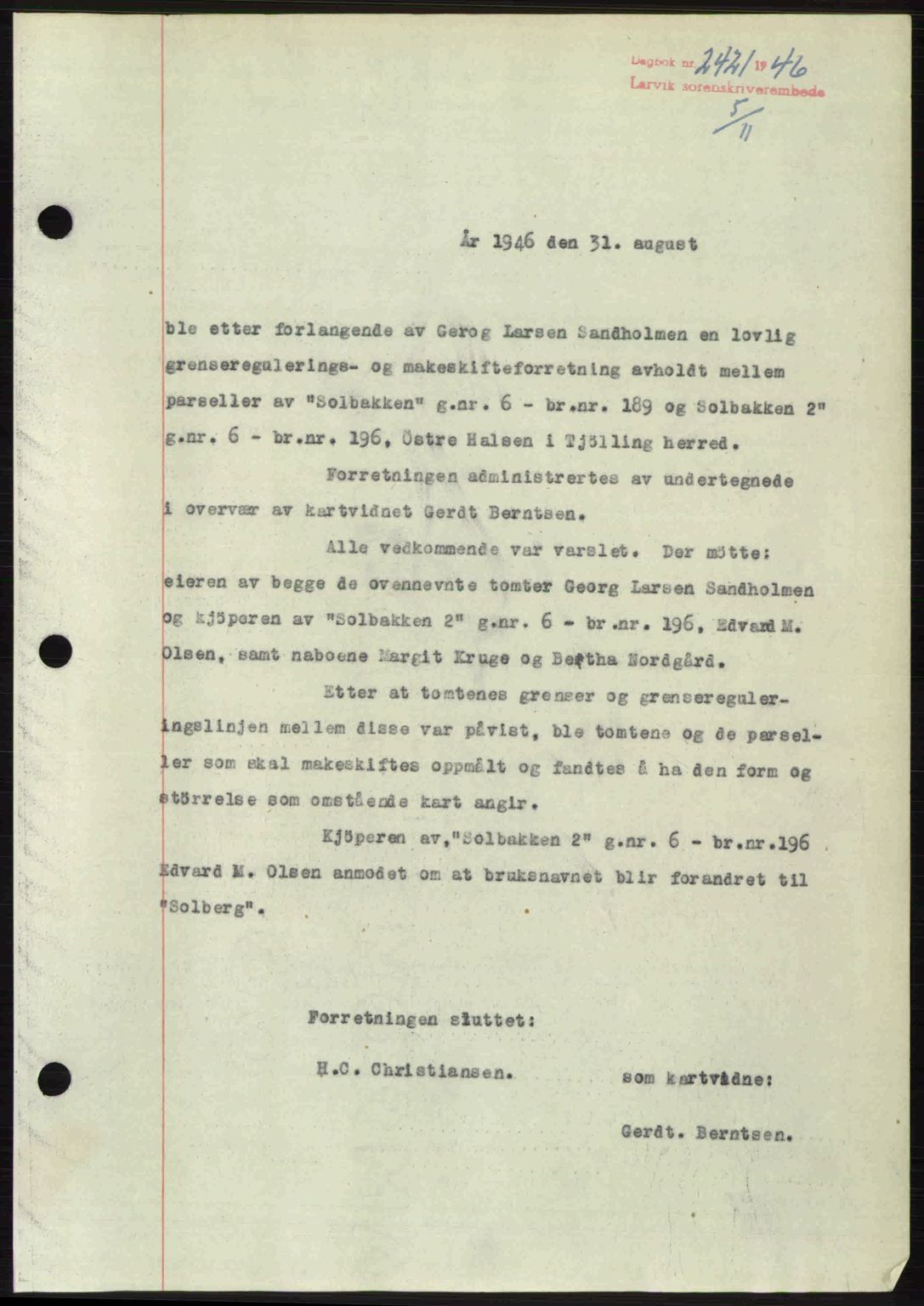 Larvik sorenskriveri, SAKO/A-83/G/Ga/Gab/L0083: Pantebok nr. A-17, 1946-1947, Dagboknr: 2421/1946