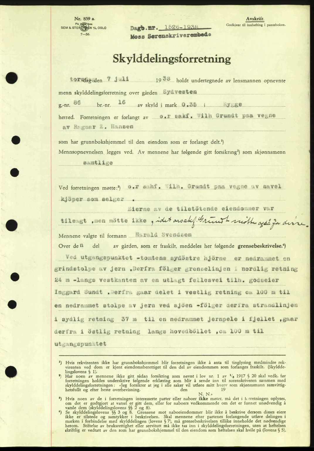 Moss sorenskriveri, SAO/A-10168: Pantebok nr. A4, 1938-1938, Dagboknr: 1526/1938
