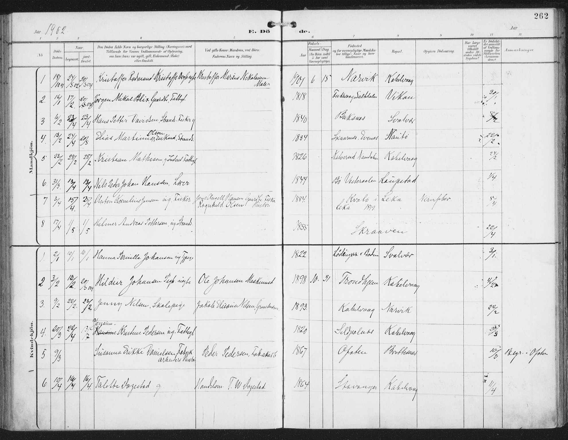 Ministerialprotokoller, klokkerbøker og fødselsregistre - Nordland, AV/SAT-A-1459/874/L1062: Ministerialbok nr. 874A06, 1899-1907, s. 262