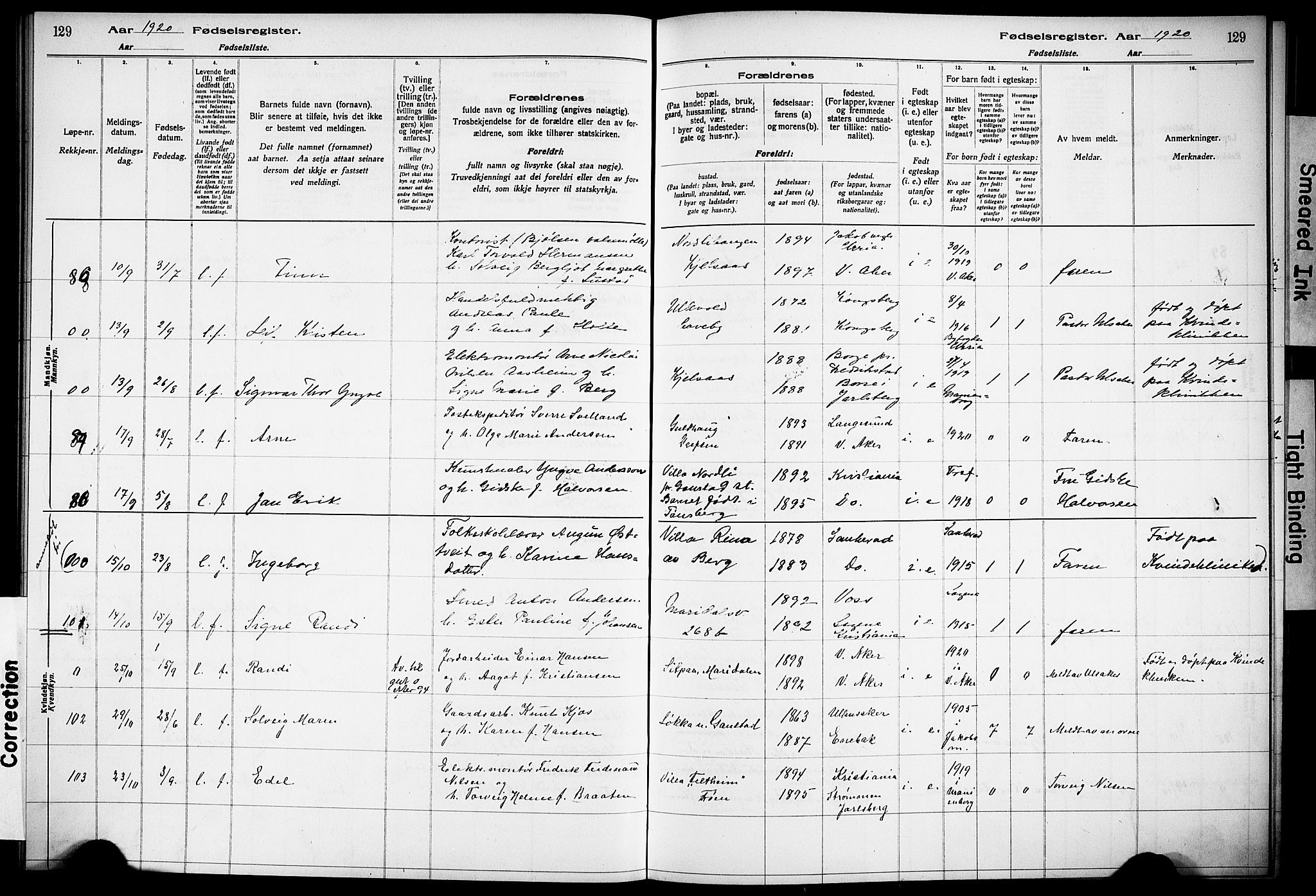 Vestre Aker prestekontor Kirkebøker, SAO/A-10025/J/Ja/L0001: Fødselsregister nr. 1, 1916-1922, s. 129