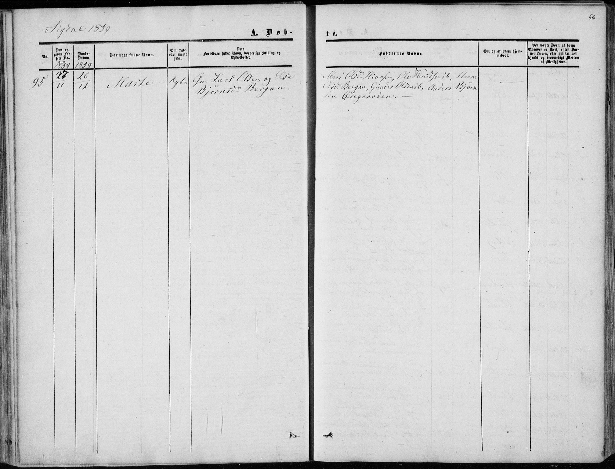Sigdal kirkebøker, AV/SAKO-A-245/F/Fa/L0008: Ministerialbok nr. I 8, 1850-1859, s. 66
