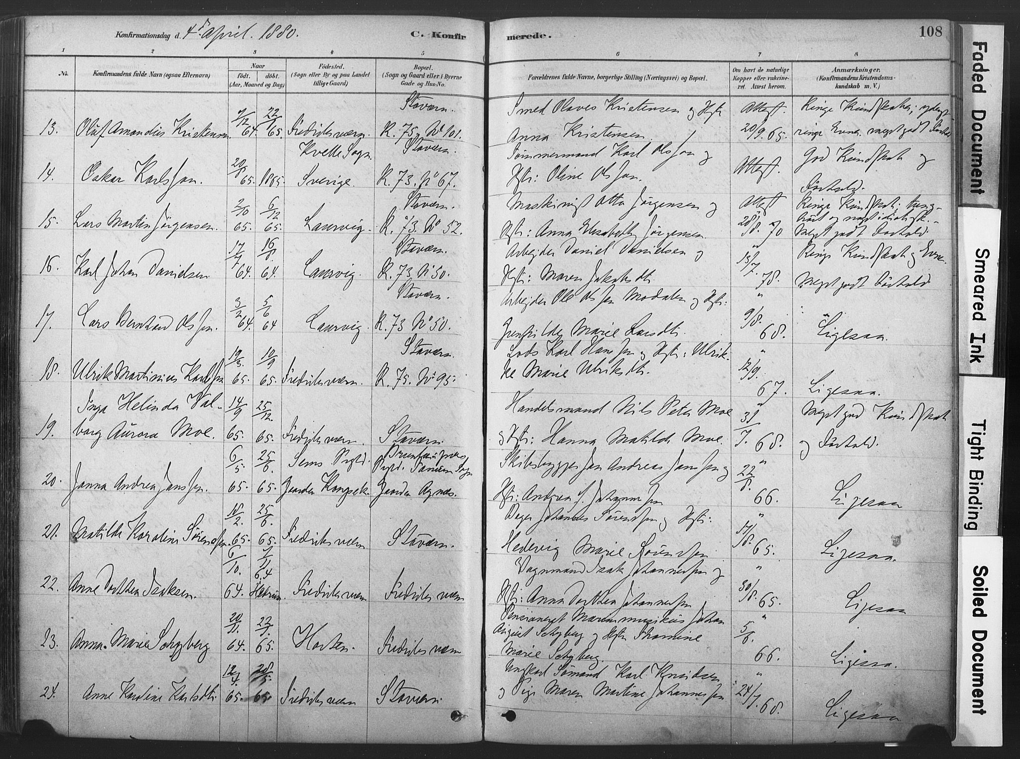Stavern kirkebøker, AV/SAKO-A-318/F/Fa/L0008: Ministerialbok nr. 8, 1878-1905, s. 108