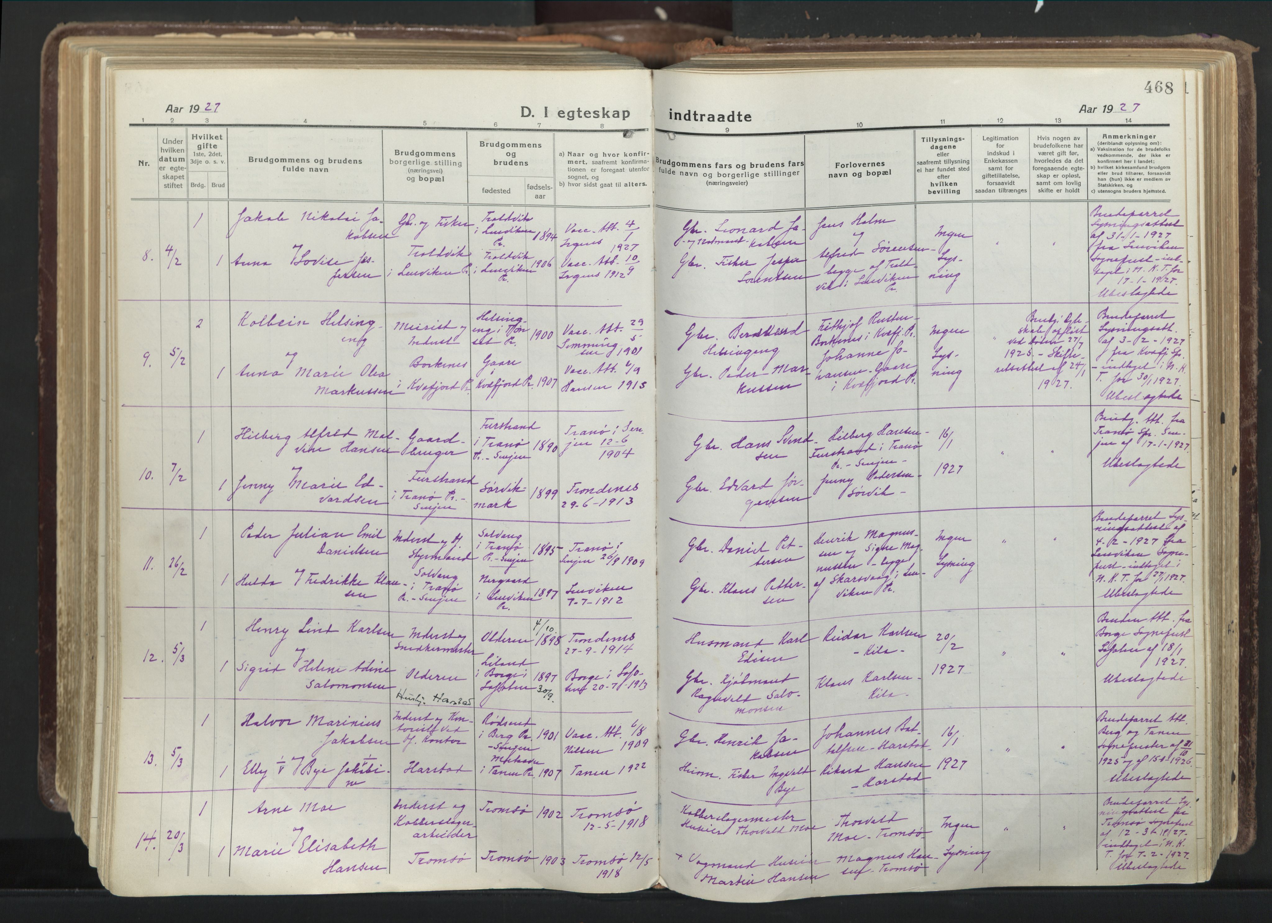Trondenes sokneprestkontor, AV/SATØ-S-1319/H/Ha/L0019kirke: Ministerialbok nr. 19, 1919-1928, s. 468