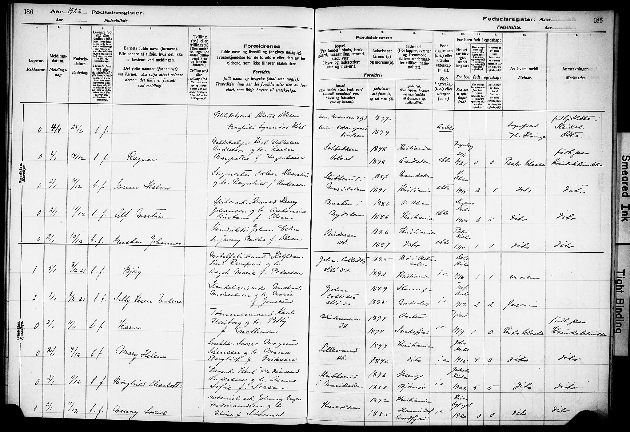 Vestre Aker prestekontor Kirkebøker, AV/SAO-A-10025/J/Ja/L0001: Fødselsregister nr. 1, 1916-1922, s. 186