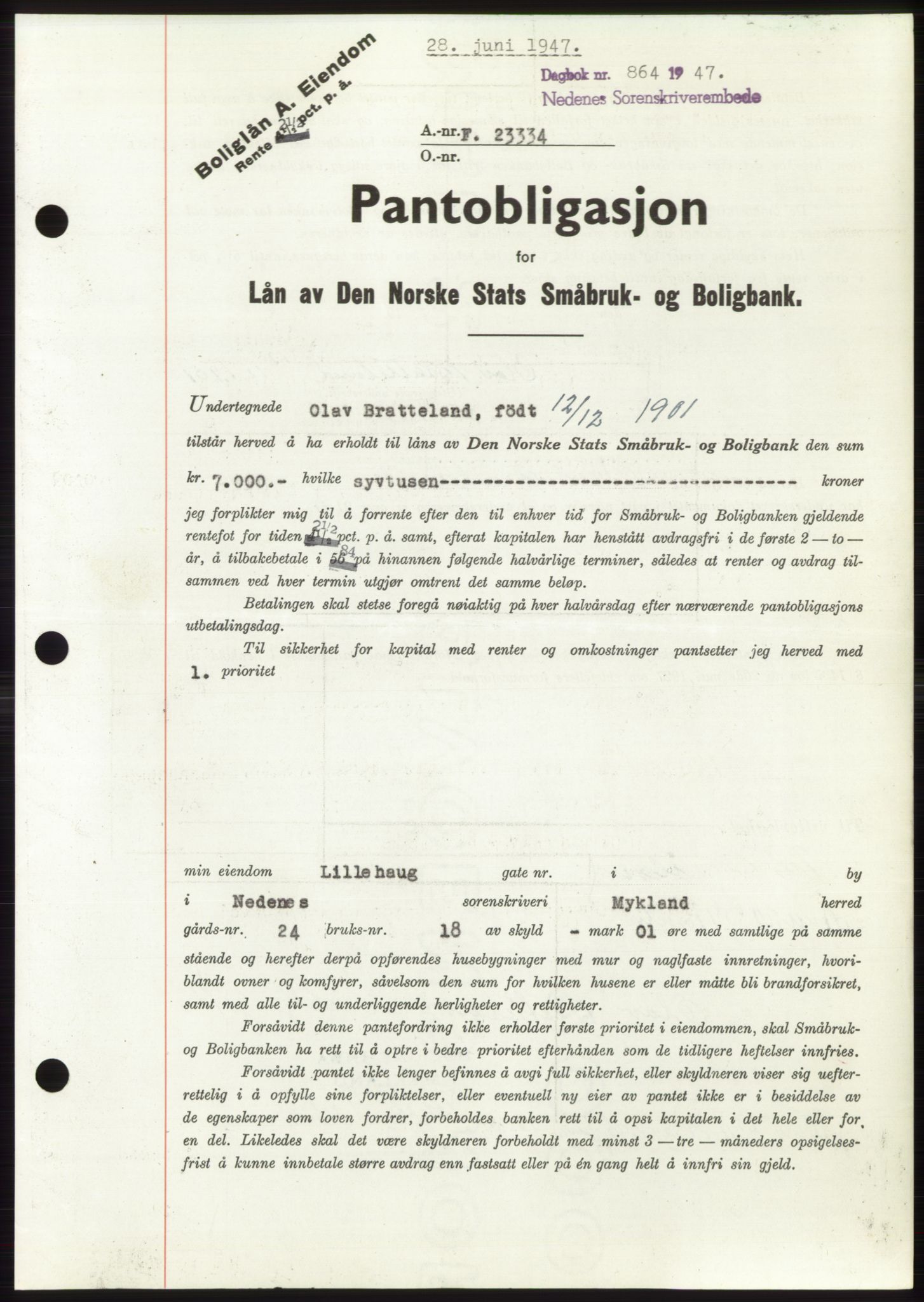 Nedenes sorenskriveri, AV/SAK-1221-0006/G/Gb/Gbb/L0004: Pantebok nr. B4, 1947-1947, Dagboknr: 864/1947