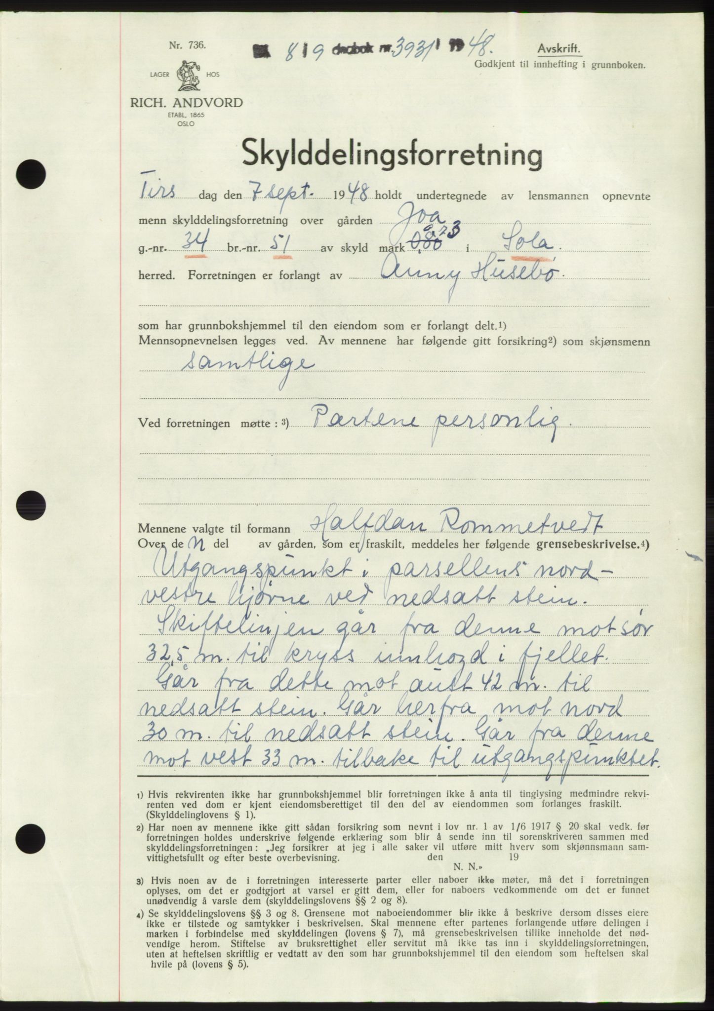 Jæren sorenskriveri, SAST/A-100310/03/G/Gba/L0100: Pantebok, 1948-1948, Dagboknr: 3931/1948