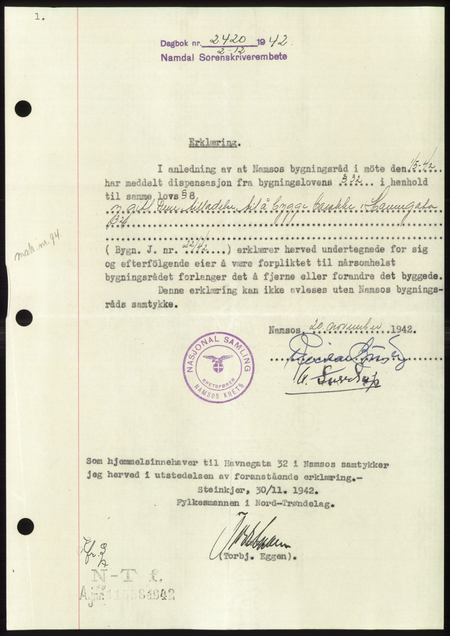 Namdal sorenskriveri, SAT/A-4133/1/2/2C: Pantebok nr. -, 1942-1943, Dagboknr: 2420/1942