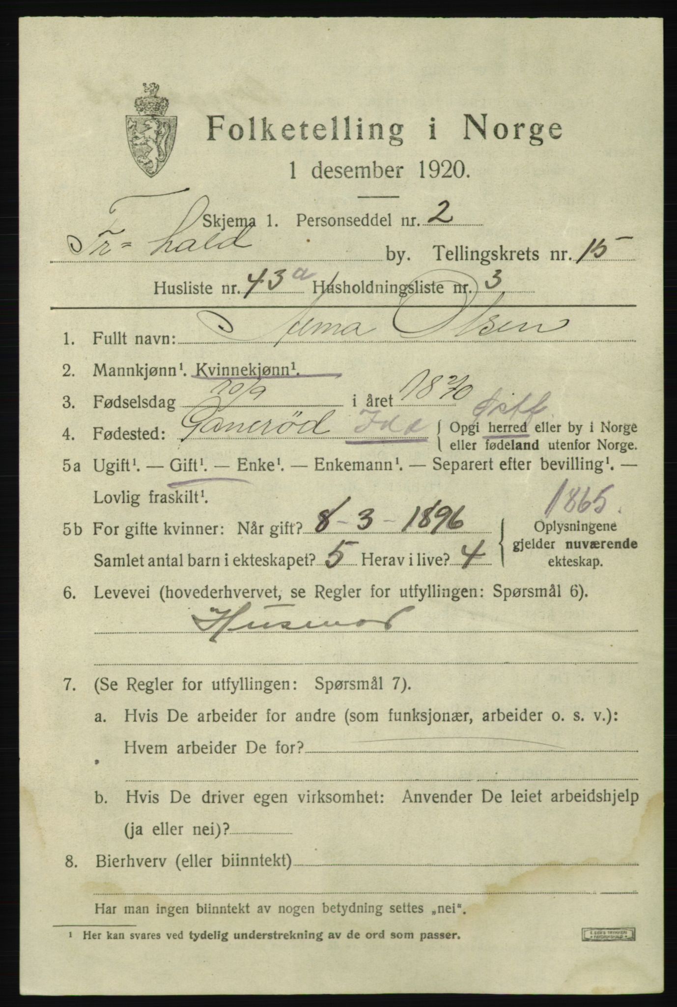 SAO, Folketelling 1920 for 0101 Fredrikshald kjøpstad, 1920, s. 24210
