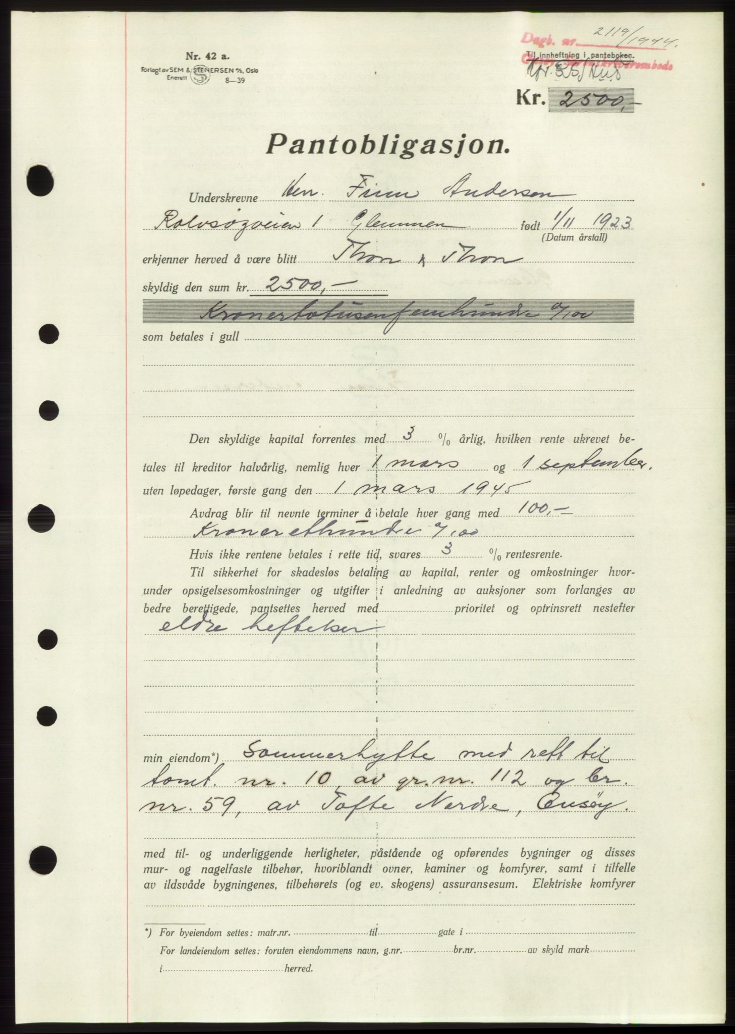 Onsøy sorenskriveri, SAO/A-10474/G/Ga/Gac/L0004: Pantebok nr. B4, 1944-1946, Dagboknr: 2119/1944