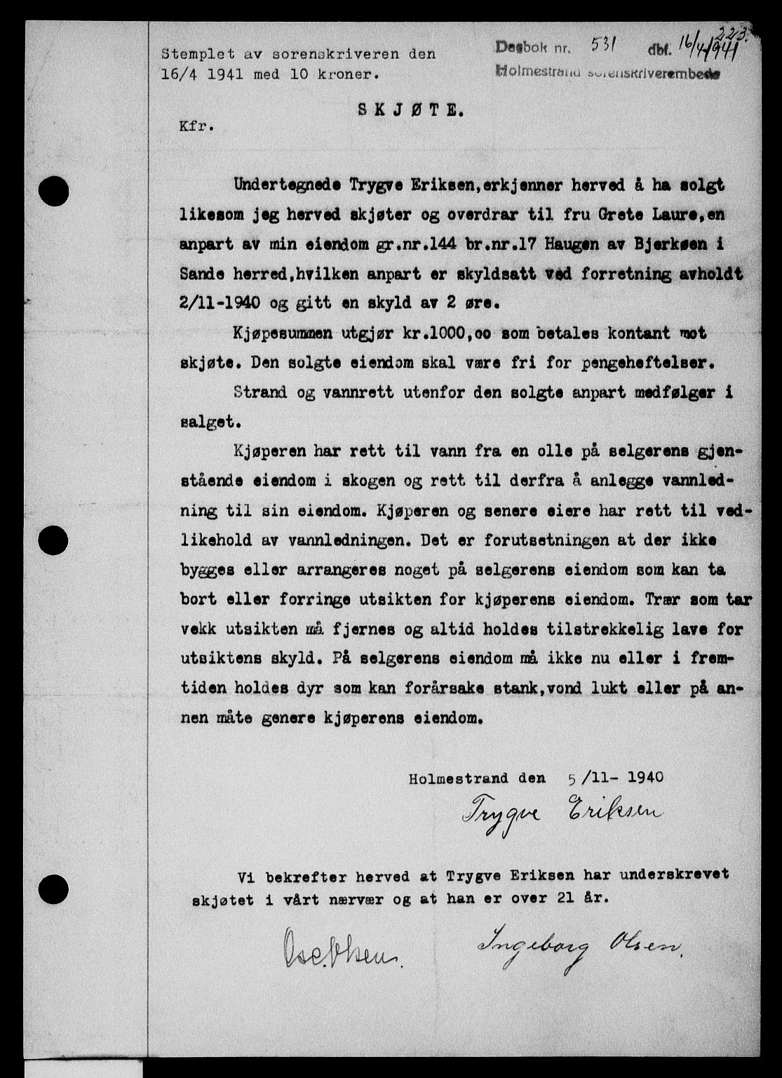 Holmestrand sorenskriveri, SAKO/A-67/G/Ga/Gaa/L0053: Pantebok nr. A-53, 1941-1941, Dagboknr: 531/1941