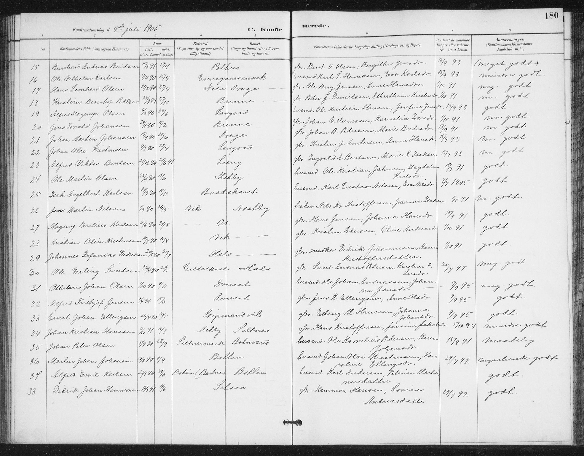 Ministerialprotokoller, klokkerbøker og fødselsregistre - Nordland, AV/SAT-A-1459/847/L0682: Klokkerbok nr. 847C10, 1889-1907, s. 180