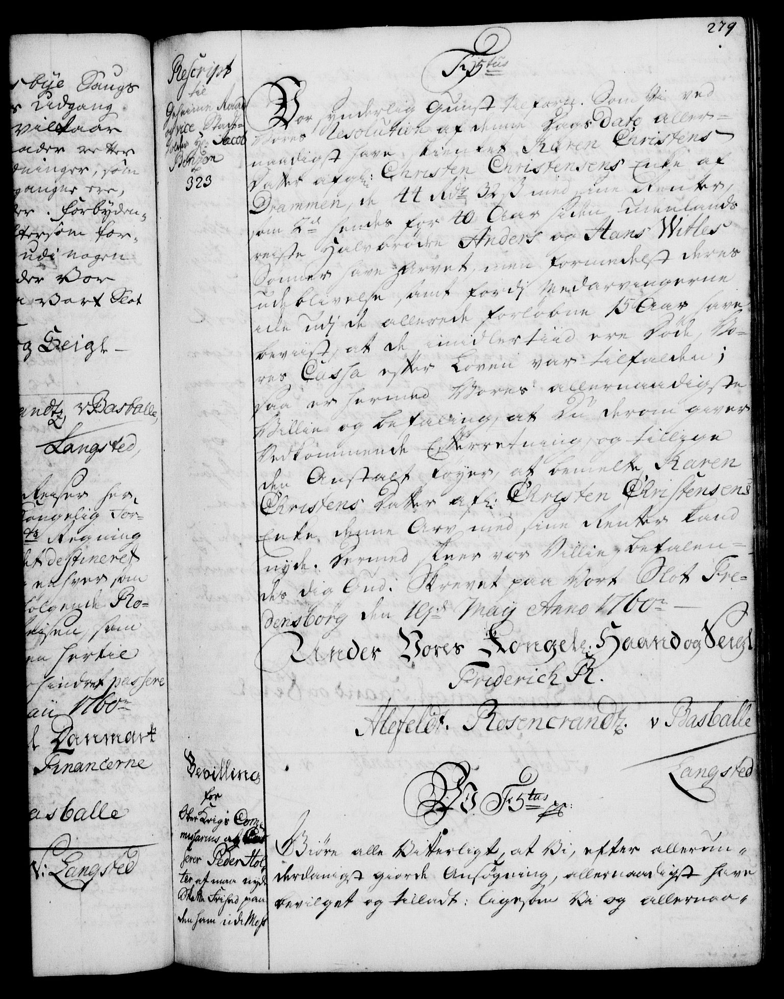Rentekammeret, Kammerkanselliet, RA/EA-3111/G/Gg/Gga/L0007: Norsk ekspedisjonsprotokoll med register (merket RK 53.7), 1759-1768, s. 279