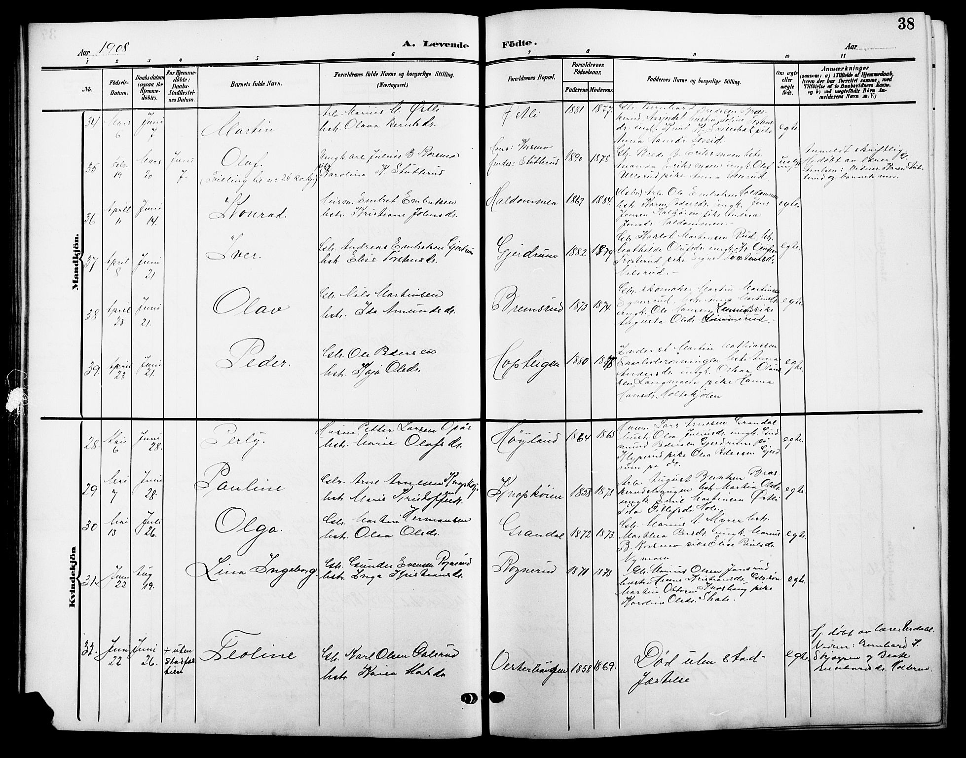 Våler prestekontor, Hedmark, AV/SAH-PREST-040/H/Ha/Hab/L0002: Klokkerbok nr. 2, 1905-1915, s. 38