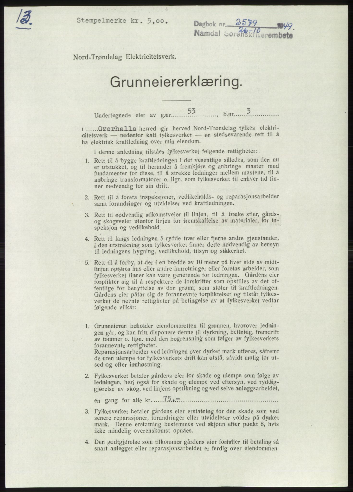 Namdal sorenskriveri, SAT/A-4133/1/2/2C: Pantebok nr. -, 1949-1949, Dagboknr: 2579/1949