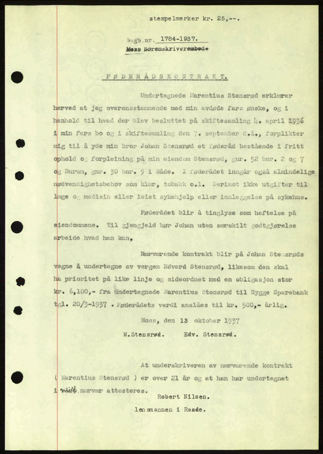 Moss sorenskriveri, SAO/A-10168: Pantebok nr. A3, 1937-1938, Dagboknr: 1784/1937