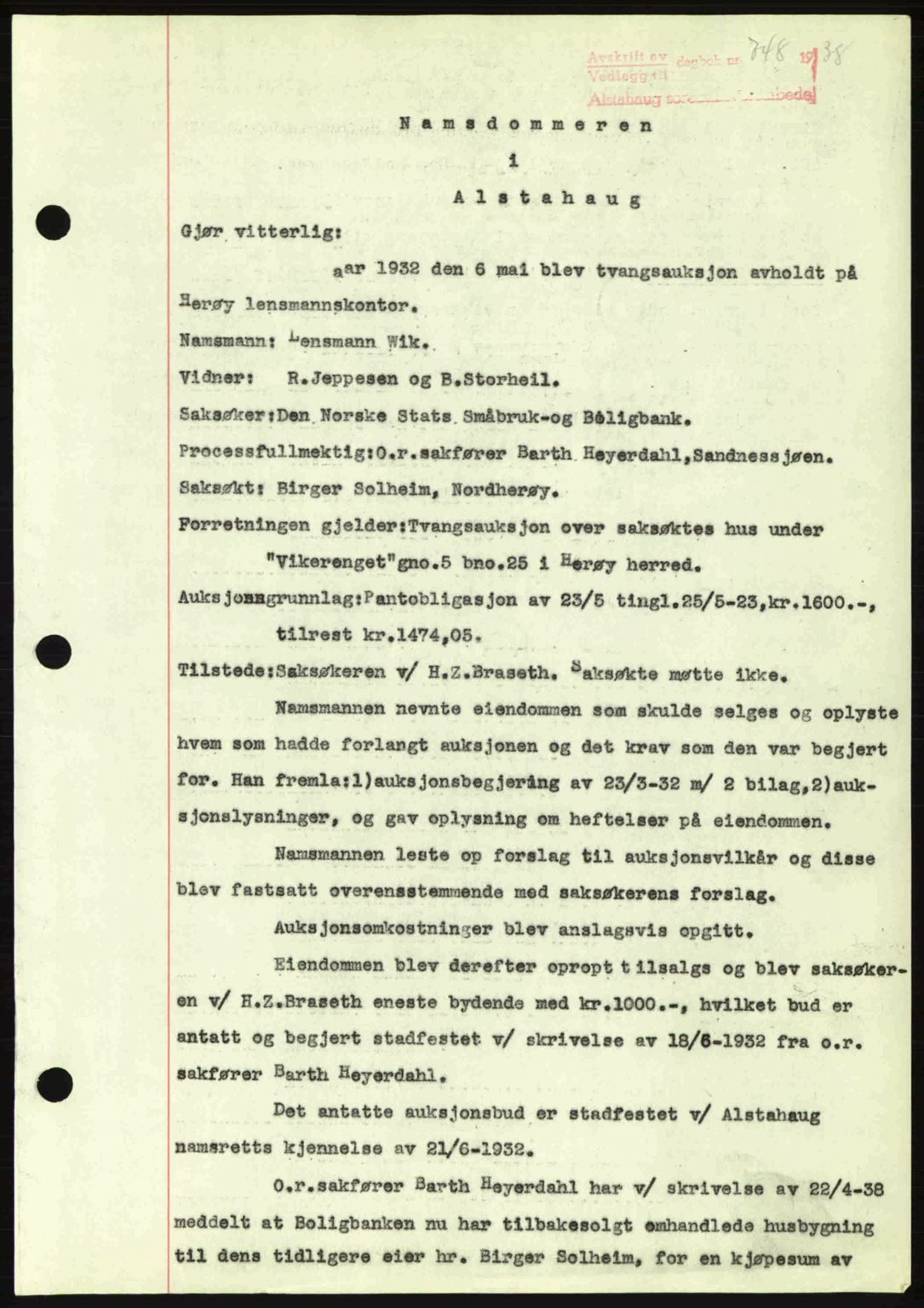 Alstahaug sorenskriveri, SAT/A-1009: Pantebok nr. A3, 1937-1938, Dagboknr: 748/1938