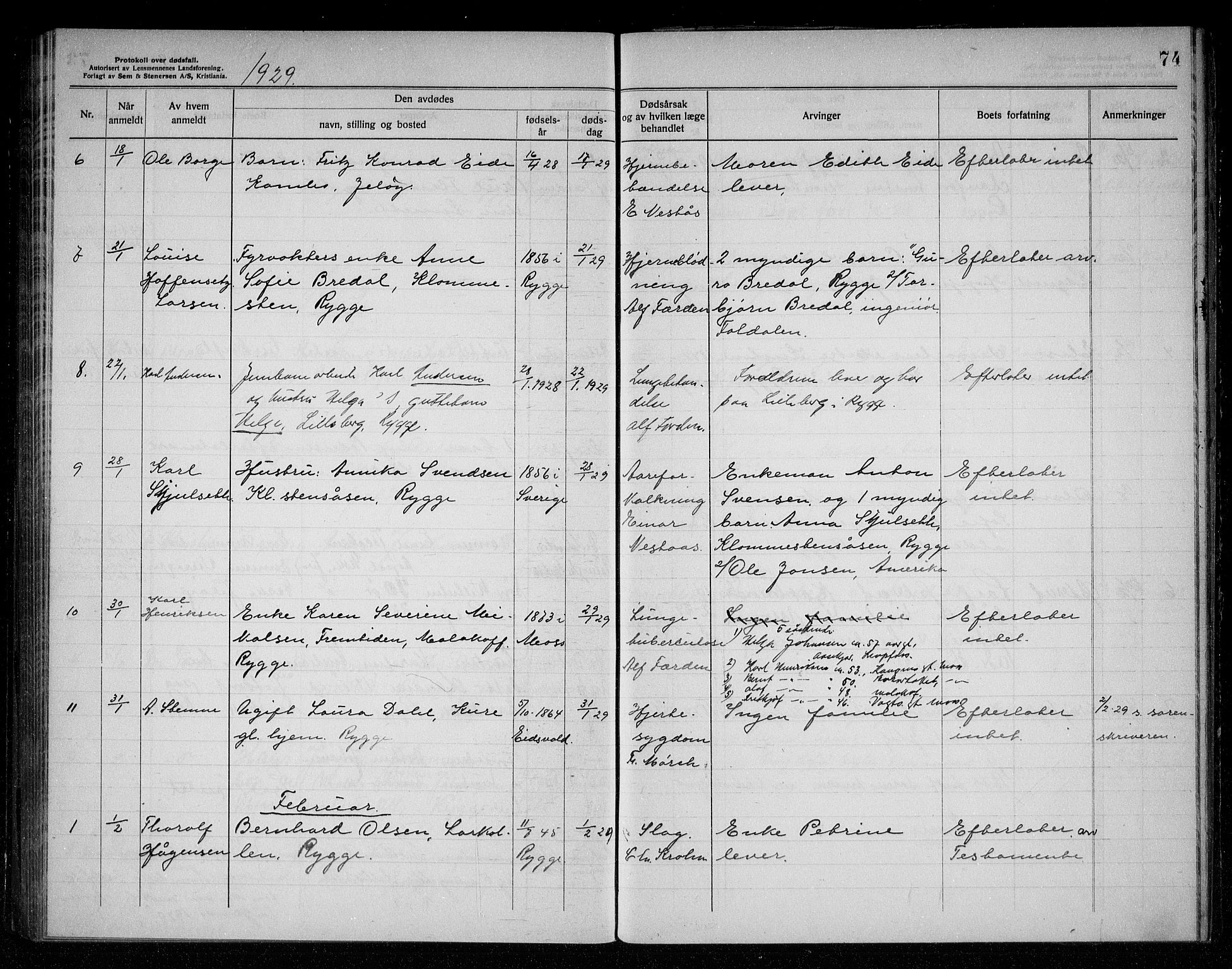 Rygge lensmannskontor, SAO/A-10005/H/Ha/Haa/L0008: Dødsfallsprotokoll, 1925-1929, s. 74