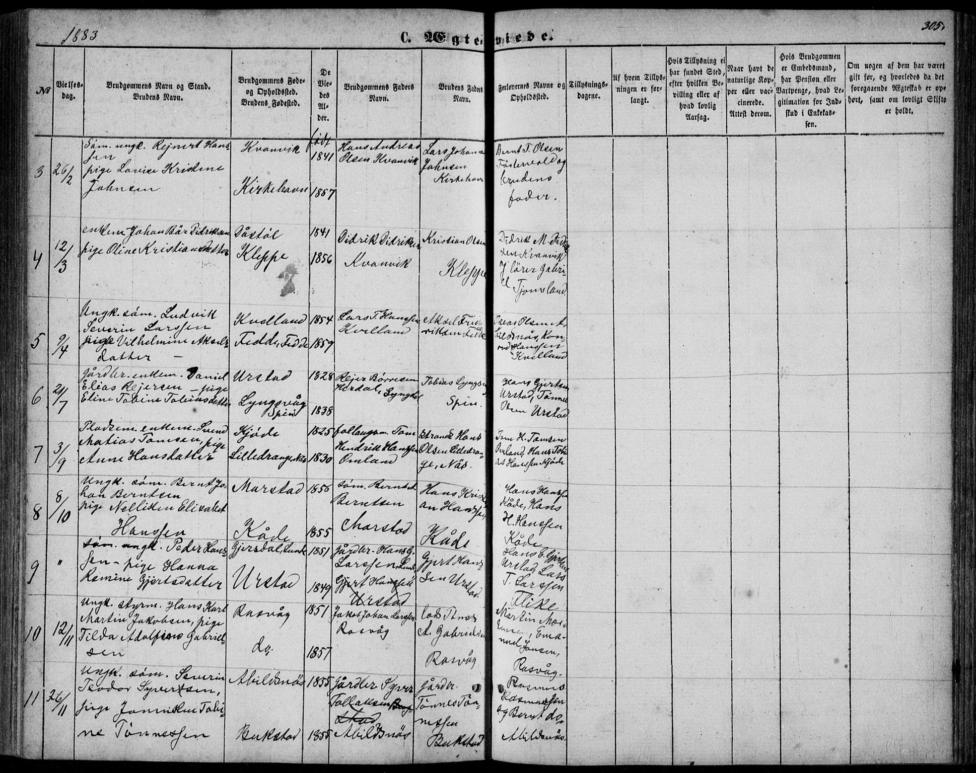 Flekkefjord sokneprestkontor, AV/SAK-1111-0012/F/Fb/Fbb/L0003: Klokkerbok nr. B 3, 1867-1889, s. 305