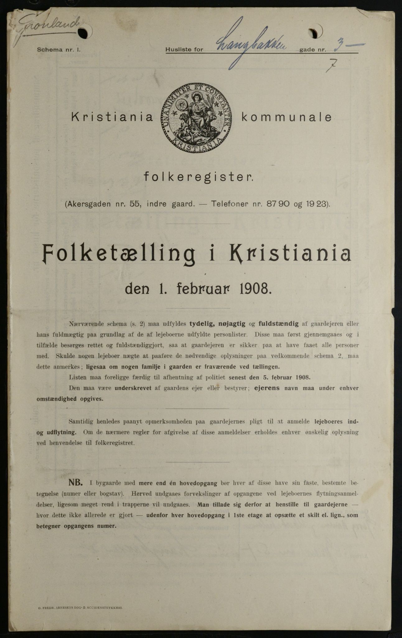 OBA, Kommunal folketelling 1.2.1908 for Kristiania kjøpstad, 1908, s. 50500