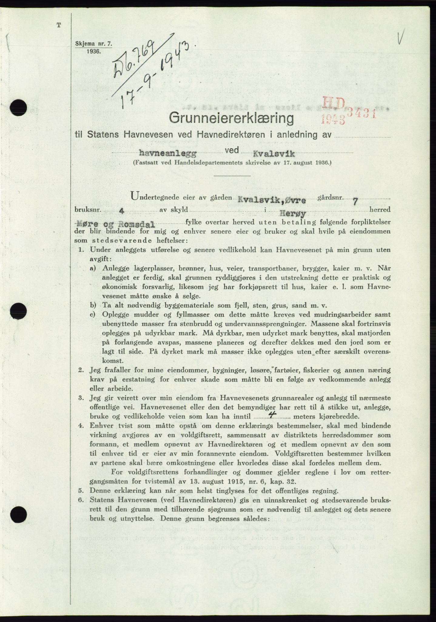 Søre Sunnmøre sorenskriveri, SAT/A-4122/1/2/2C/L0075: Pantebok nr. 1A, 1943-1943, Dagboknr: 769/1943