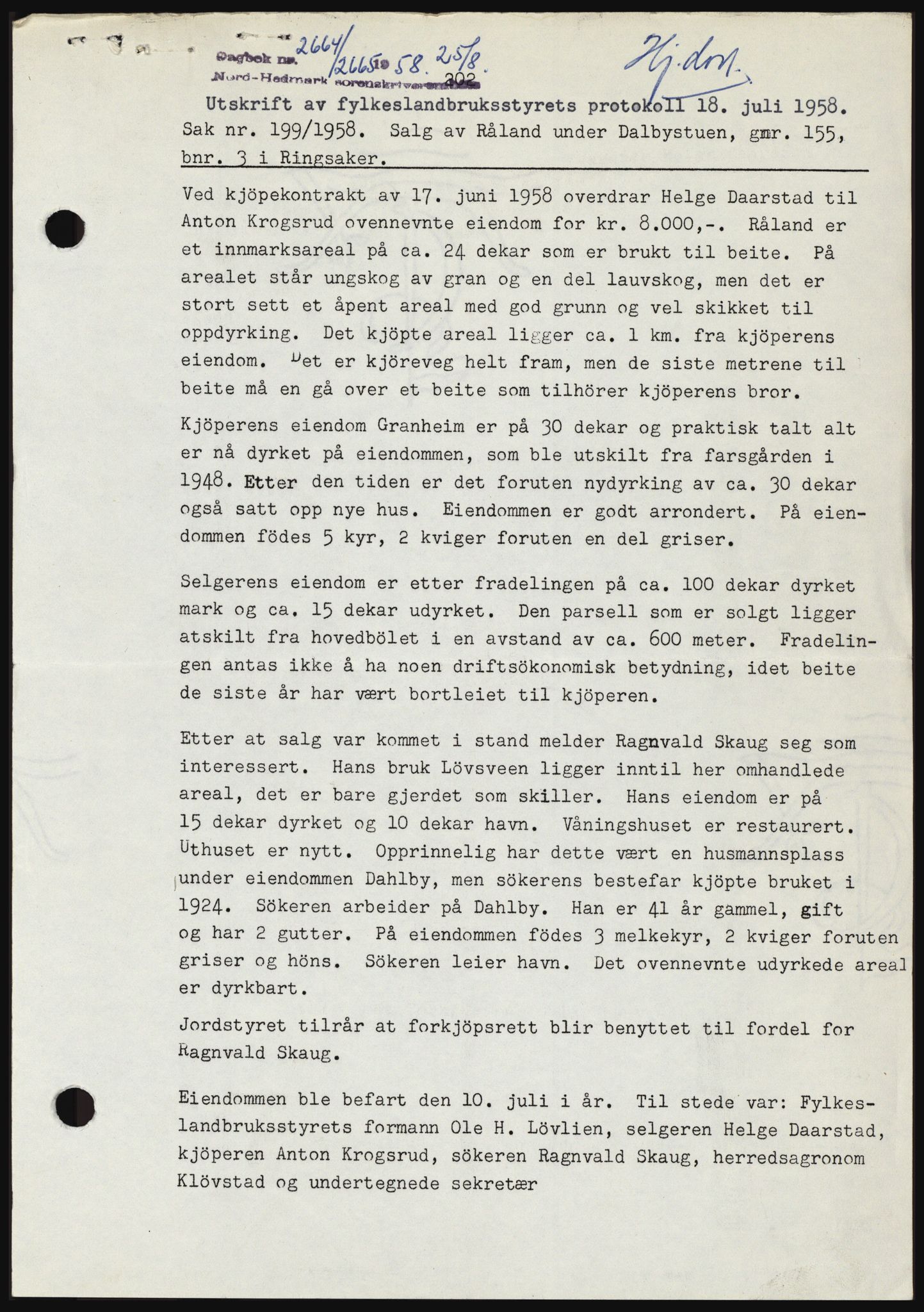 Nord-Hedmark sorenskriveri, SAH/TING-012/H/Hc/L0012: Pantebok nr. 12, 1957-1958, Dagboknr: 2664/1958