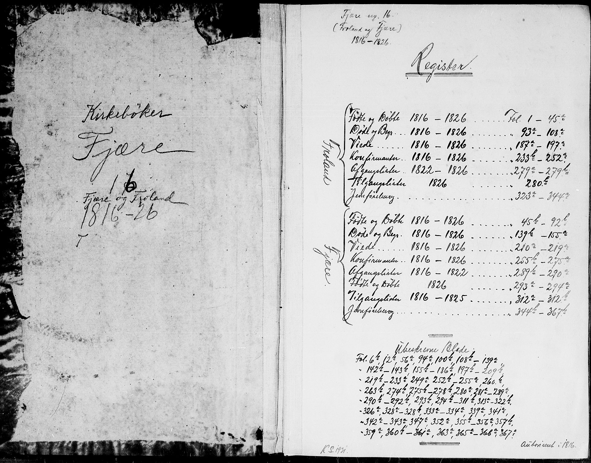 Fjære sokneprestkontor, AV/SAK-1111-0011/F/Fa/L0001: Ministerialbok nr. A 1 /1, 1816-1826