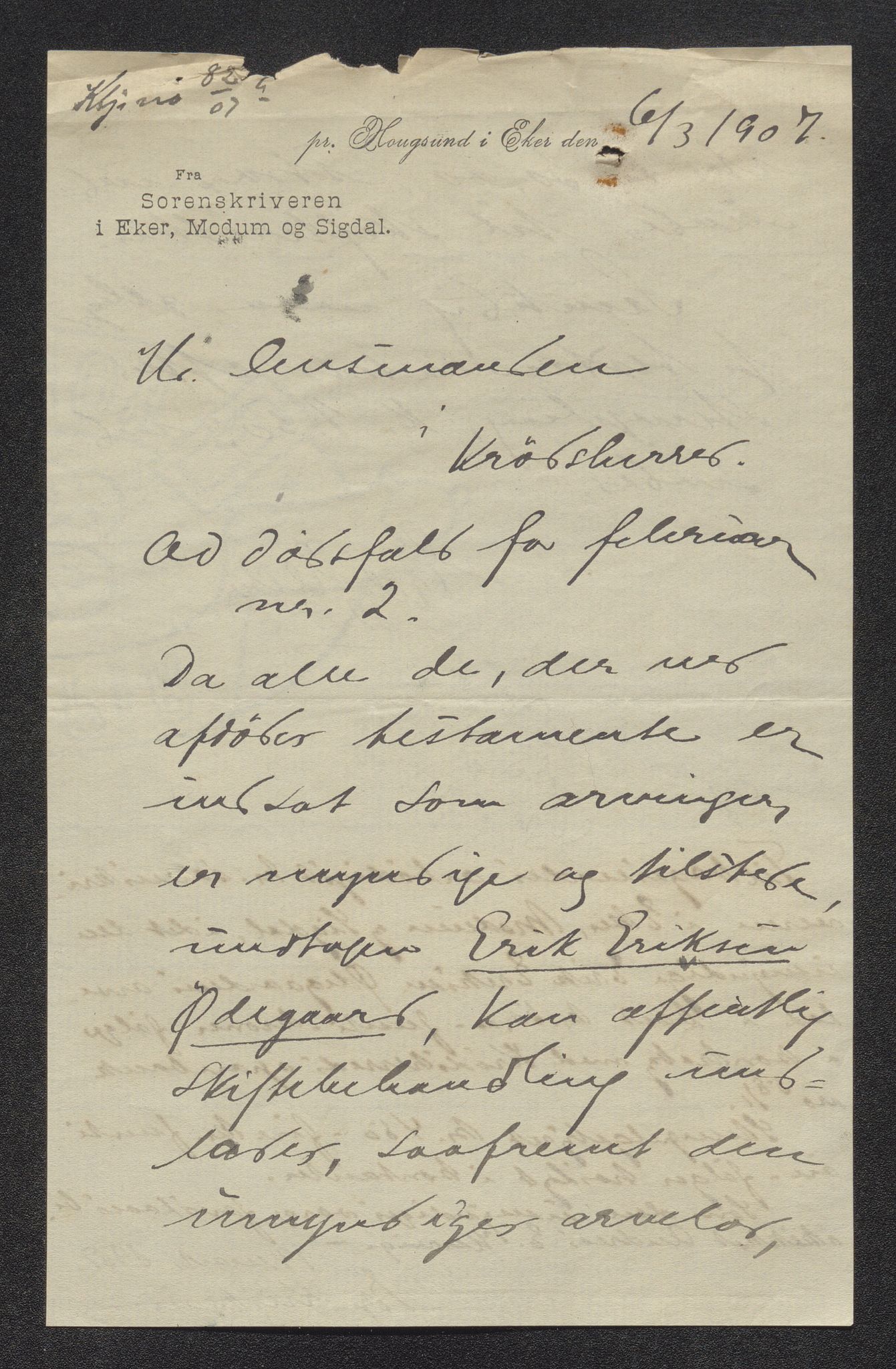 Eiker, Modum og Sigdal sorenskriveri, SAKO/A-123/H/Ha/Hab/L0032: Dødsfallsmeldinger, 1907-1908, s. 383