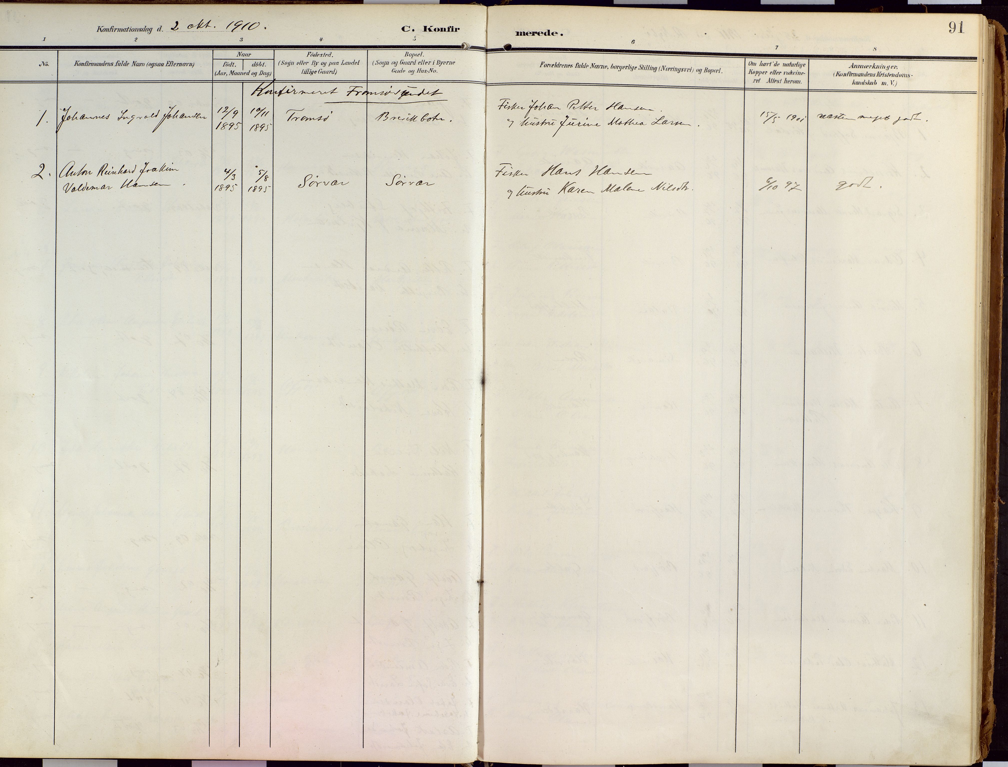 Loppa sokneprestkontor, AV/SATØ-S-1339/H/Ha/L0010kirke: Ministerialbok nr. 10, 1907-1922, s. 91
