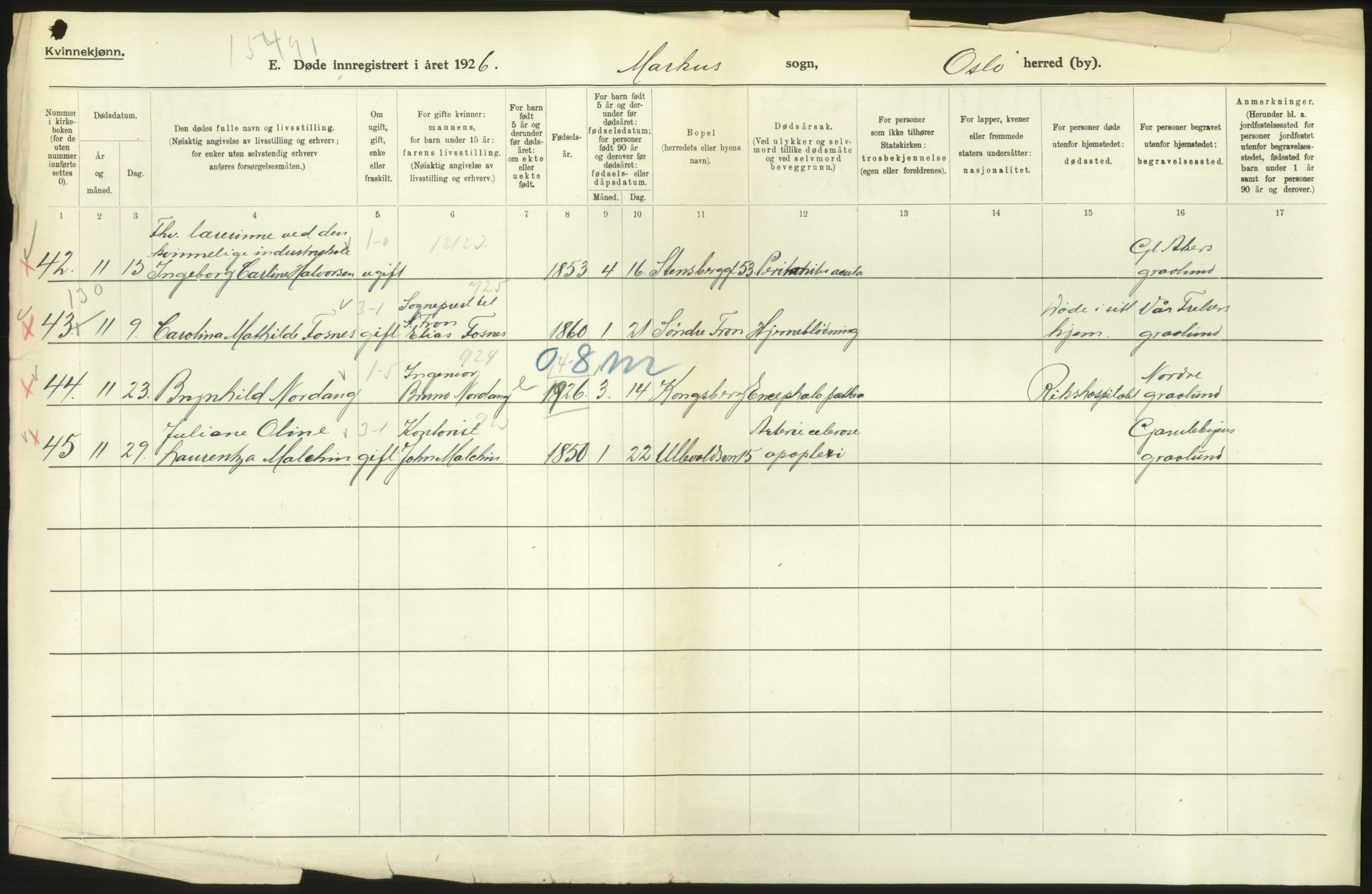 Statistisk sentralbyrå, Sosiodemografiske emner, Befolkning, AV/RA-S-2228/D/Df/Dfc/Dfcf/L0010: Oslo: Døde kvinner, dødfødte, 1926, s. 576