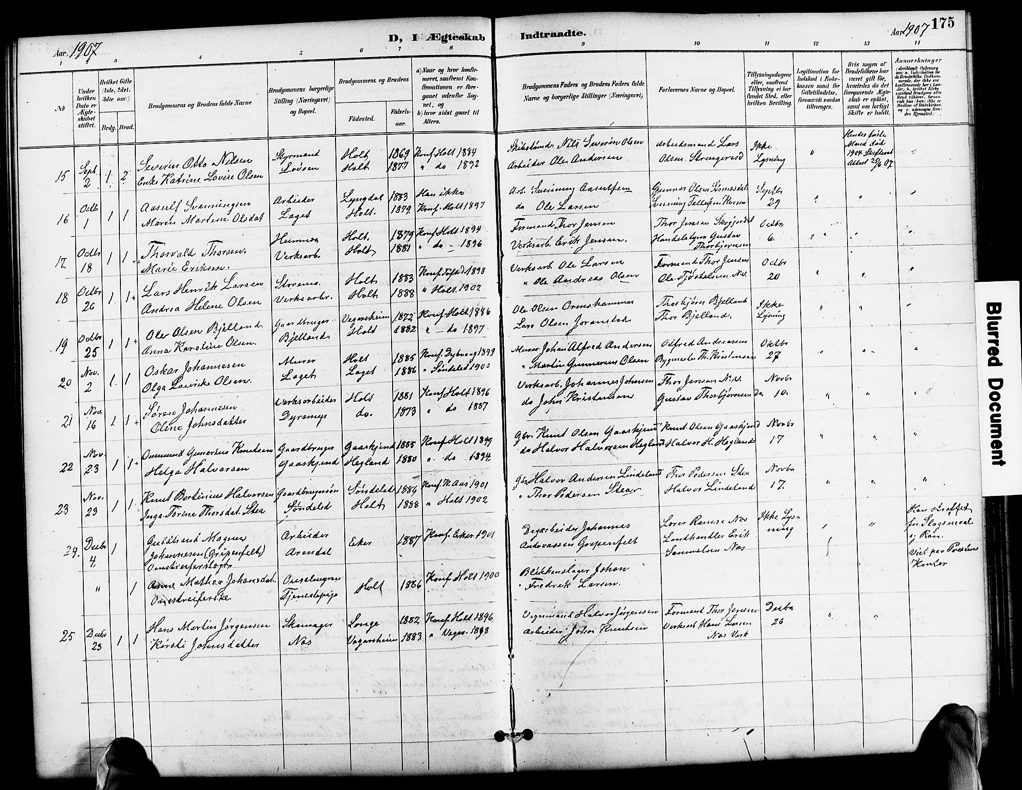 Holt sokneprestkontor, AV/SAK-1111-0021/F/Fb/L0011: Klokkerbok nr. B 11, 1897-1921, s. 175