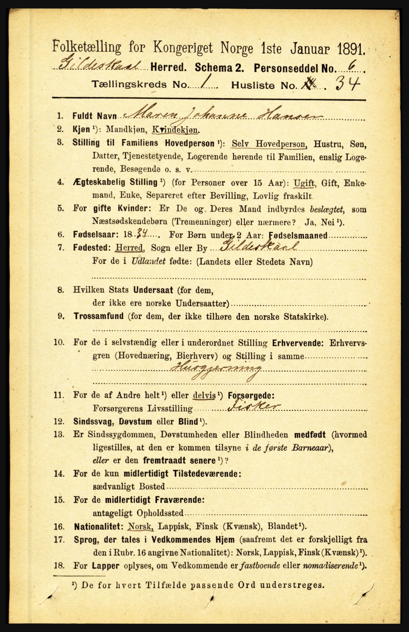 RA, Folketelling 1891 for 1838 Gildeskål herred, 1891, s. 324