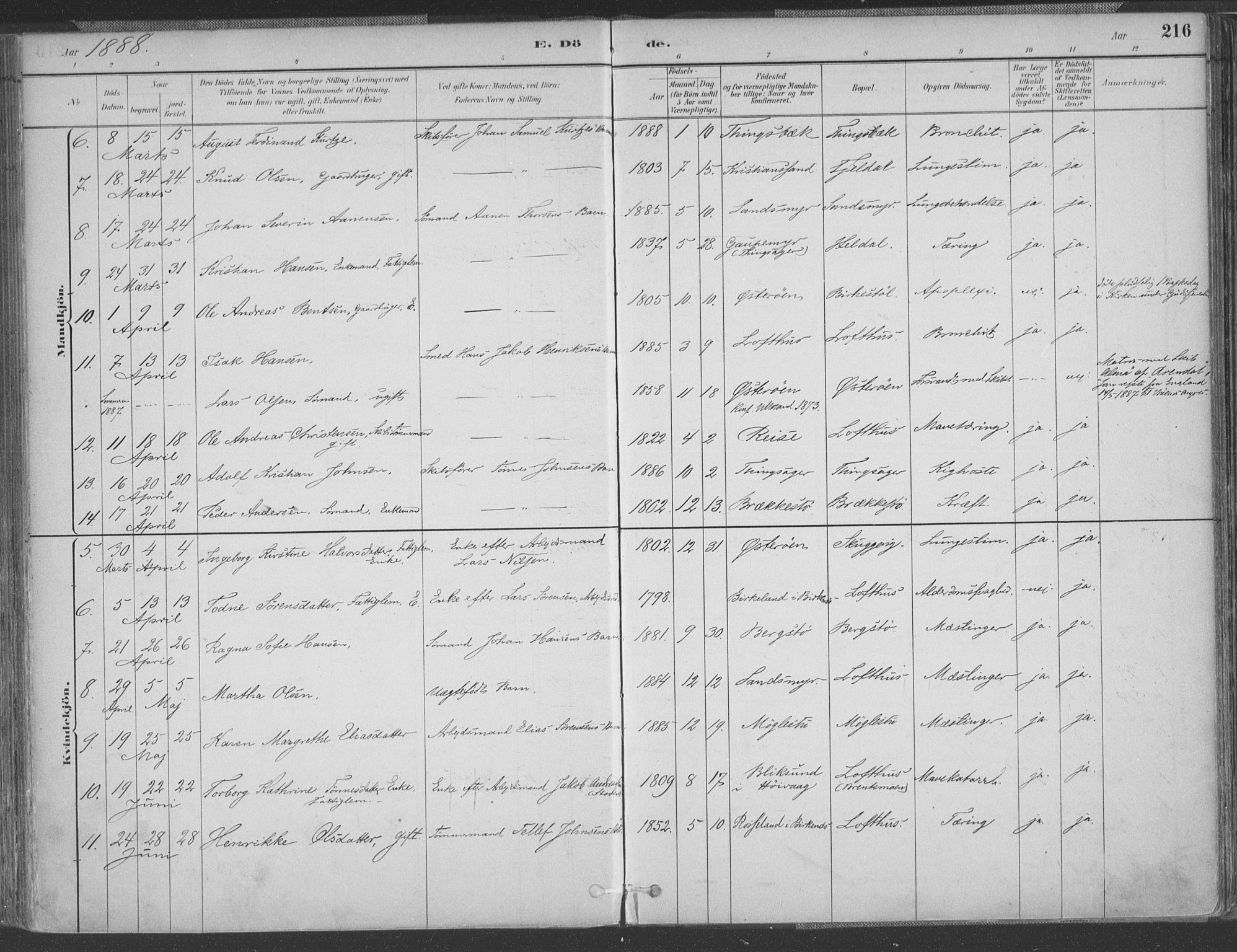 Vestre Moland sokneprestkontor, AV/SAK-1111-0046/F/Fa/Fab/L0009: Ministerialbok nr. A 9, 1884-1899, s. 216