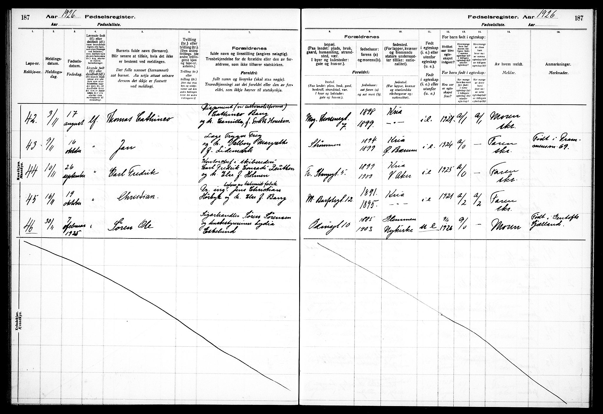 Frogner prestekontor Kirkebøker, SAO/A-10886/J/Ja/L0001: Fødselsregister nr. 1, 1916-1927, s. 187