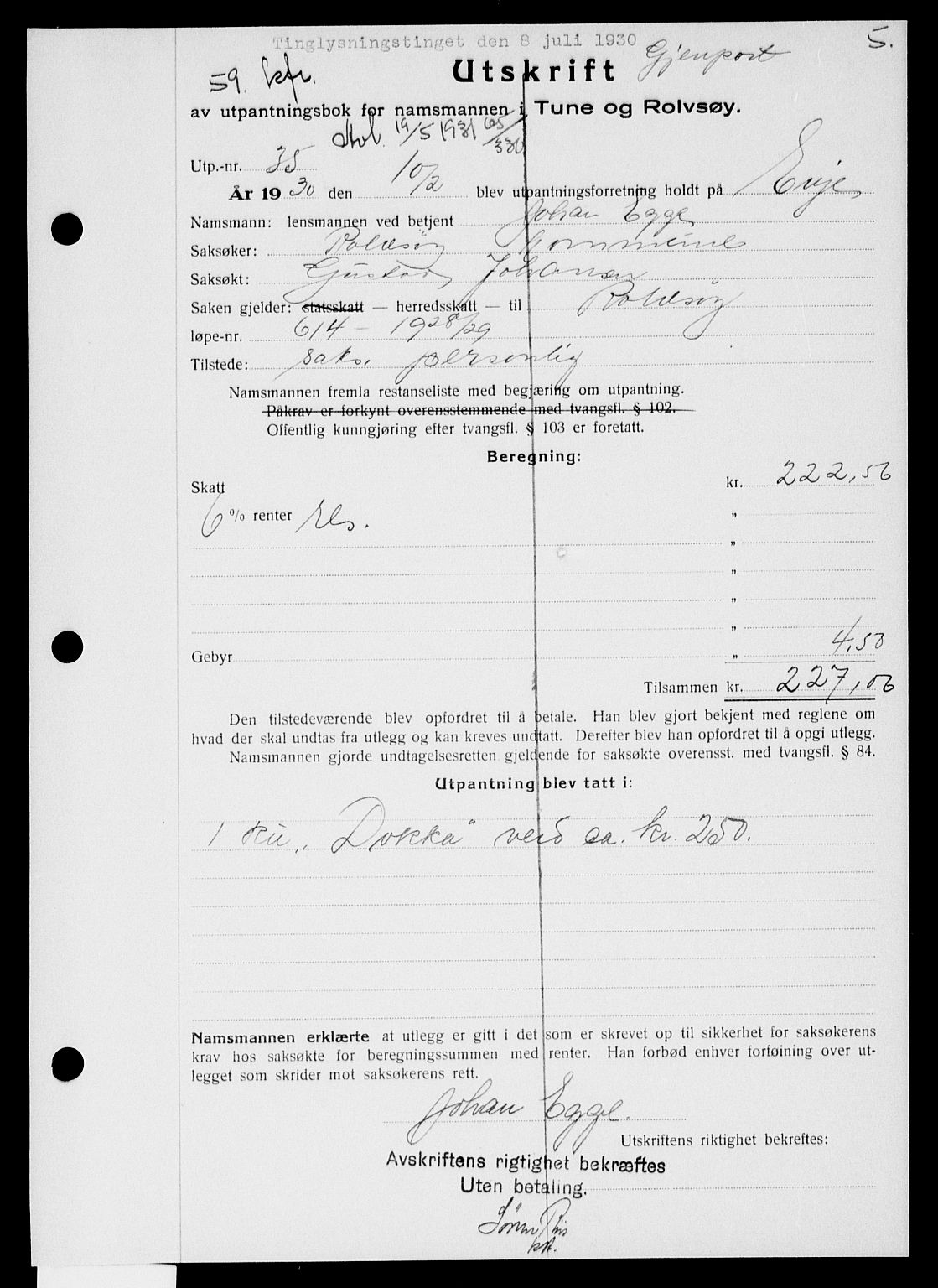 Onsøy sorenskriveri, SAO/A-10474/G/Ga/Gaa/L0064: Pantebok nr. I 64, 1930-1930, s. 5