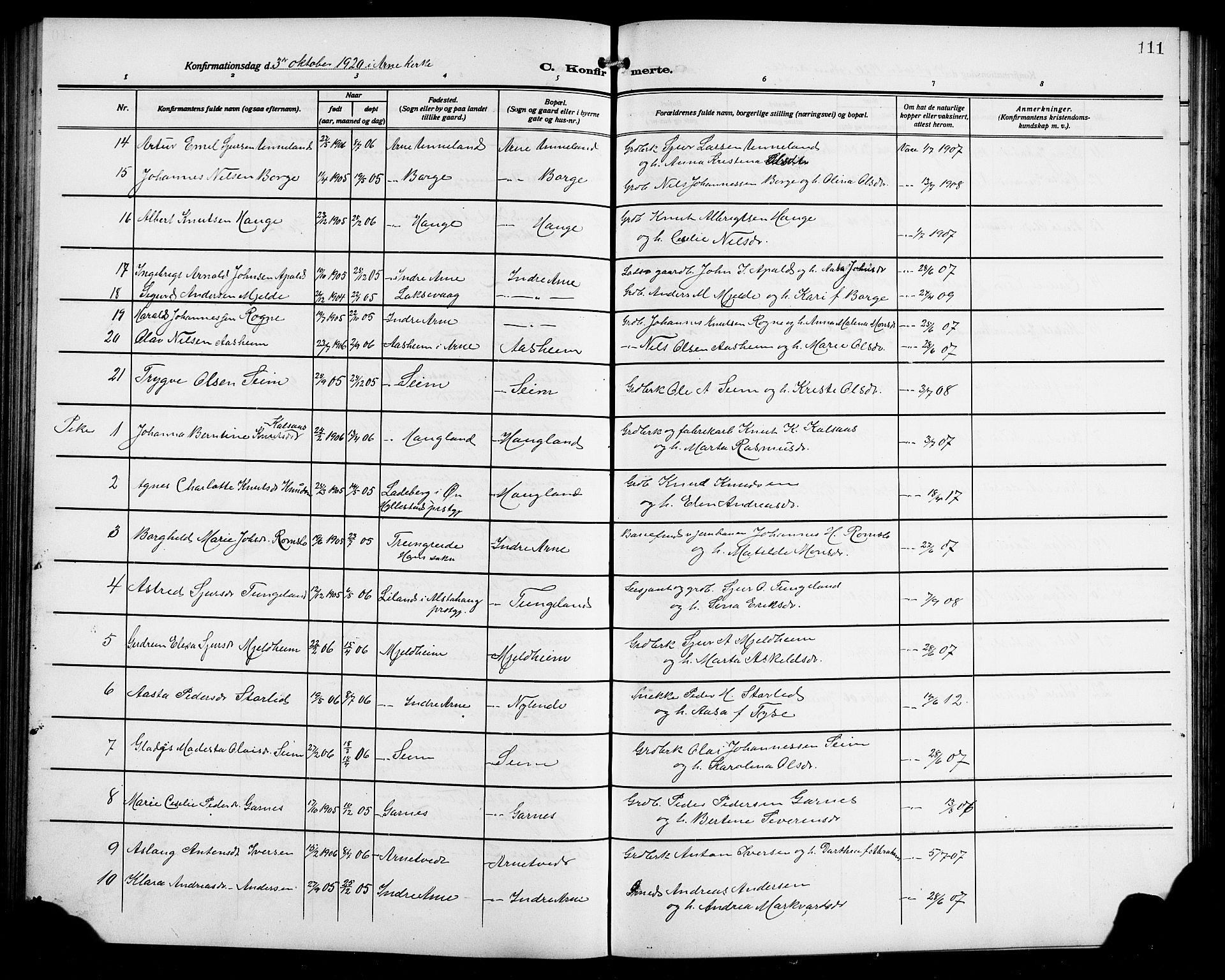 Arna sokneprestembete, AV/SAB-A-74001/H/Ha/Hab: Klokkerbok nr. A 5, 1911-1921, s. 111