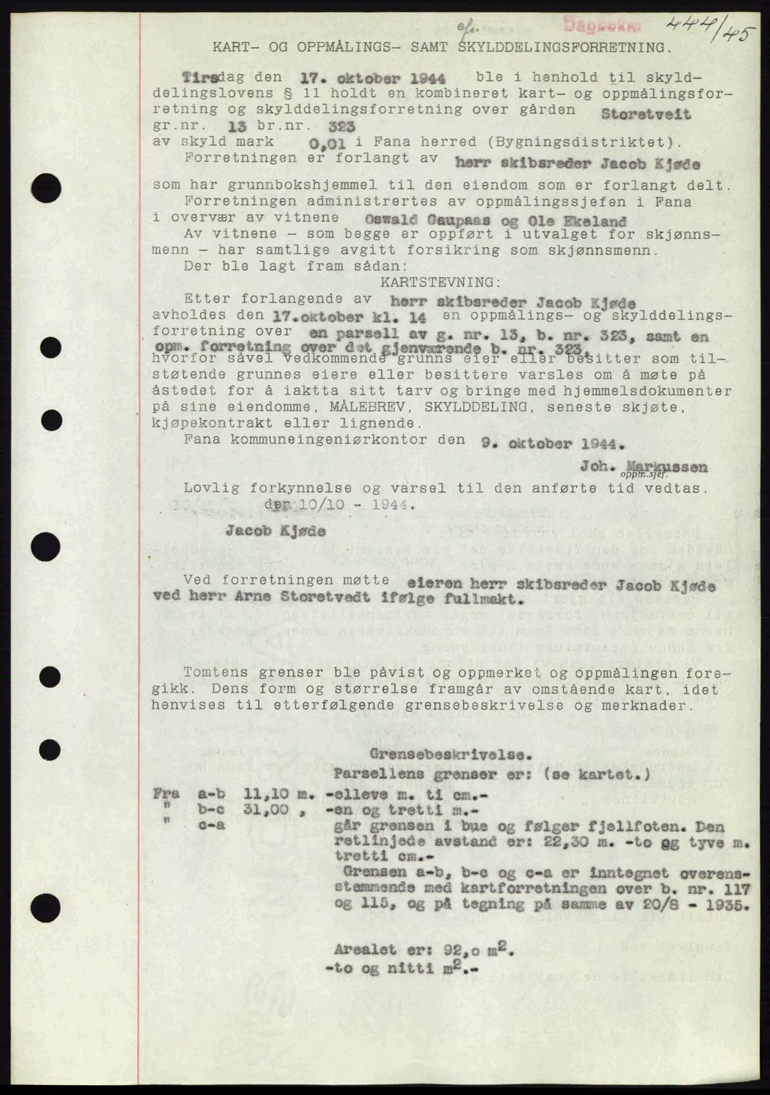 Midhordland sorenskriveri, SAB/A-3001/1/G/Gb/Gbj/L0019: Pantebok nr. A37-38, 1944-1945, Dagboknr: 444/1945