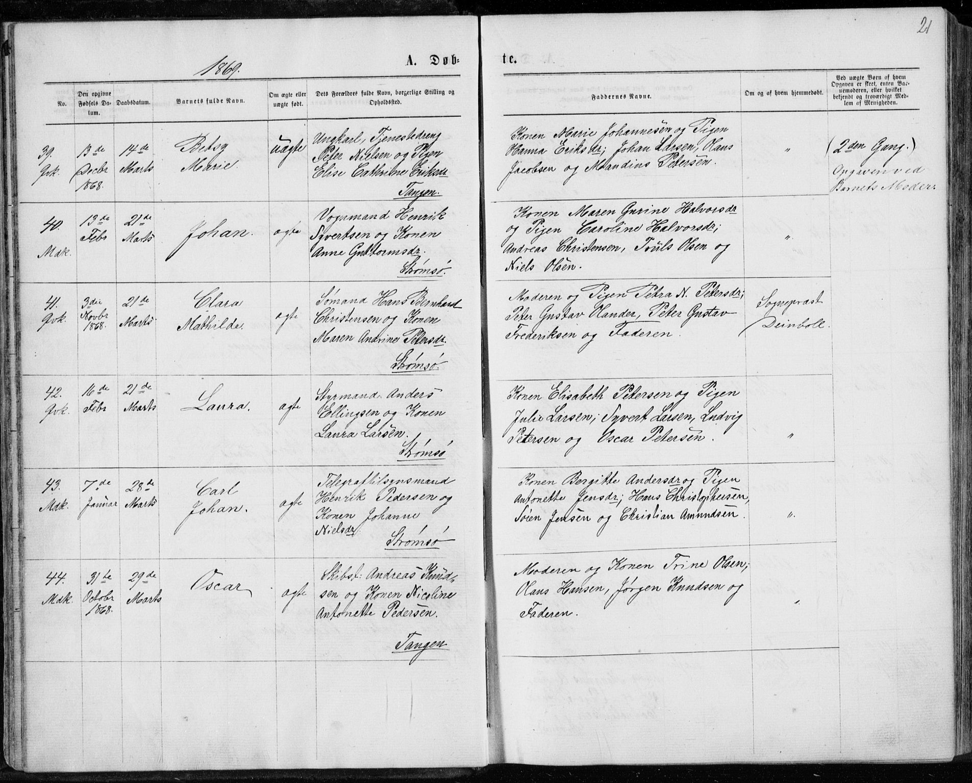 Strømsø kirkebøker, AV/SAKO-A-246/F/Fa/L0016: Ministerialbok nr. I 16, 1868-1873, s. 21