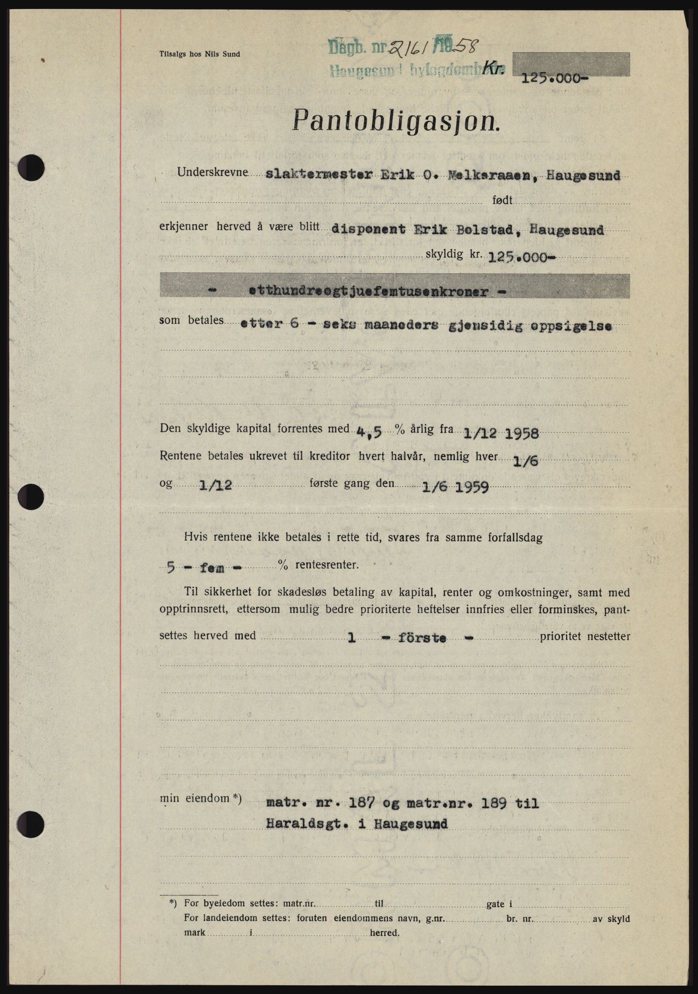 Haugesund tingrett, SAST/A-101415/01/II/IIC/L0044: Pantebok nr. B 44, 1958-1959, Dagboknr: 2161/1958