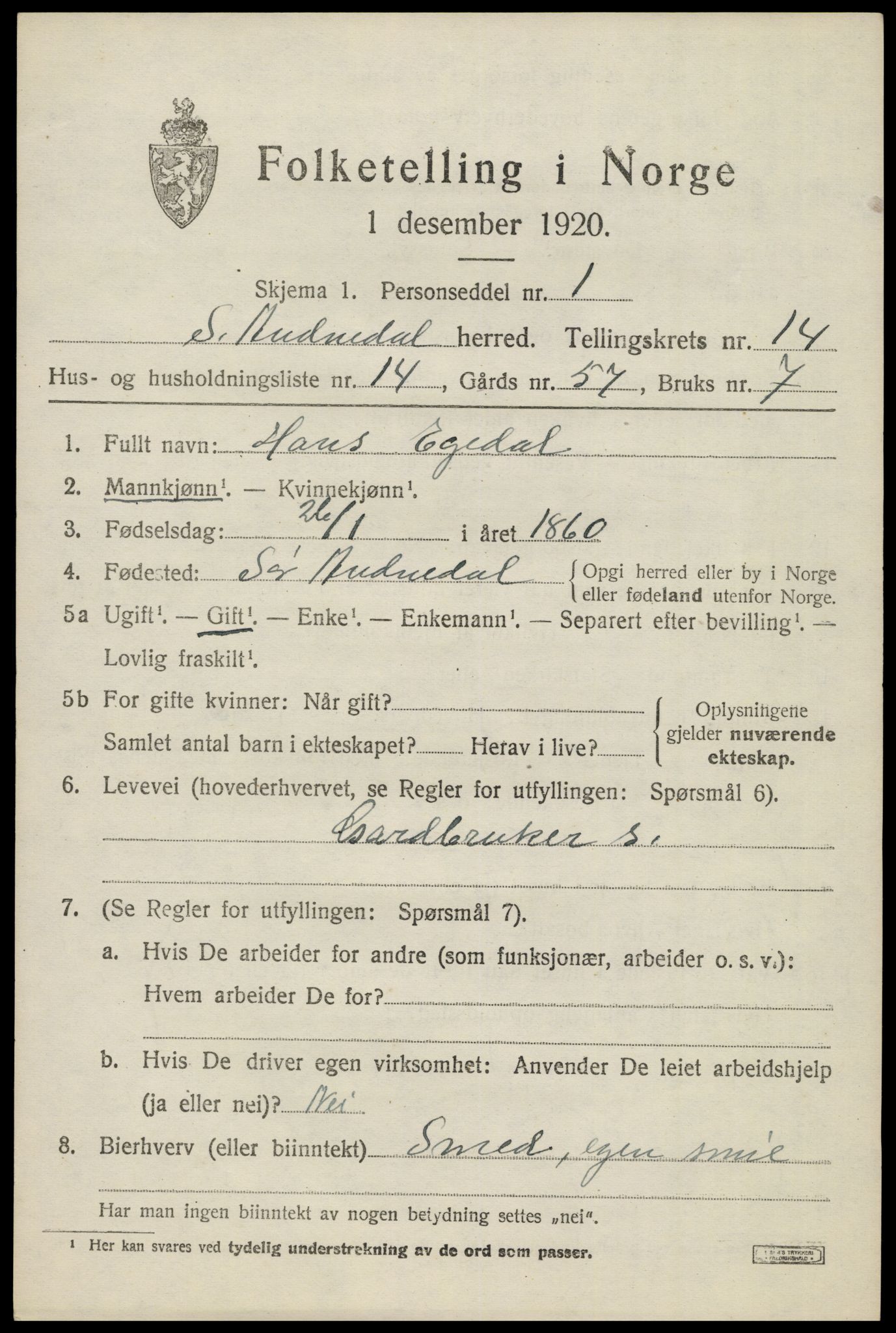 SAK, Folketelling 1920 for 1029 Sør-Audnedal herred, 1920, s. 5295
