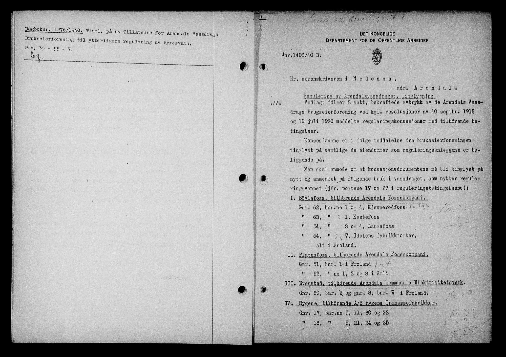 Nedenes sorenskriveri, AV/SAK-1221-0006/G/Gb/Gba/L0048: Pantebok nr. A-II, 1940-1941, Dagboknr: 1175/1940