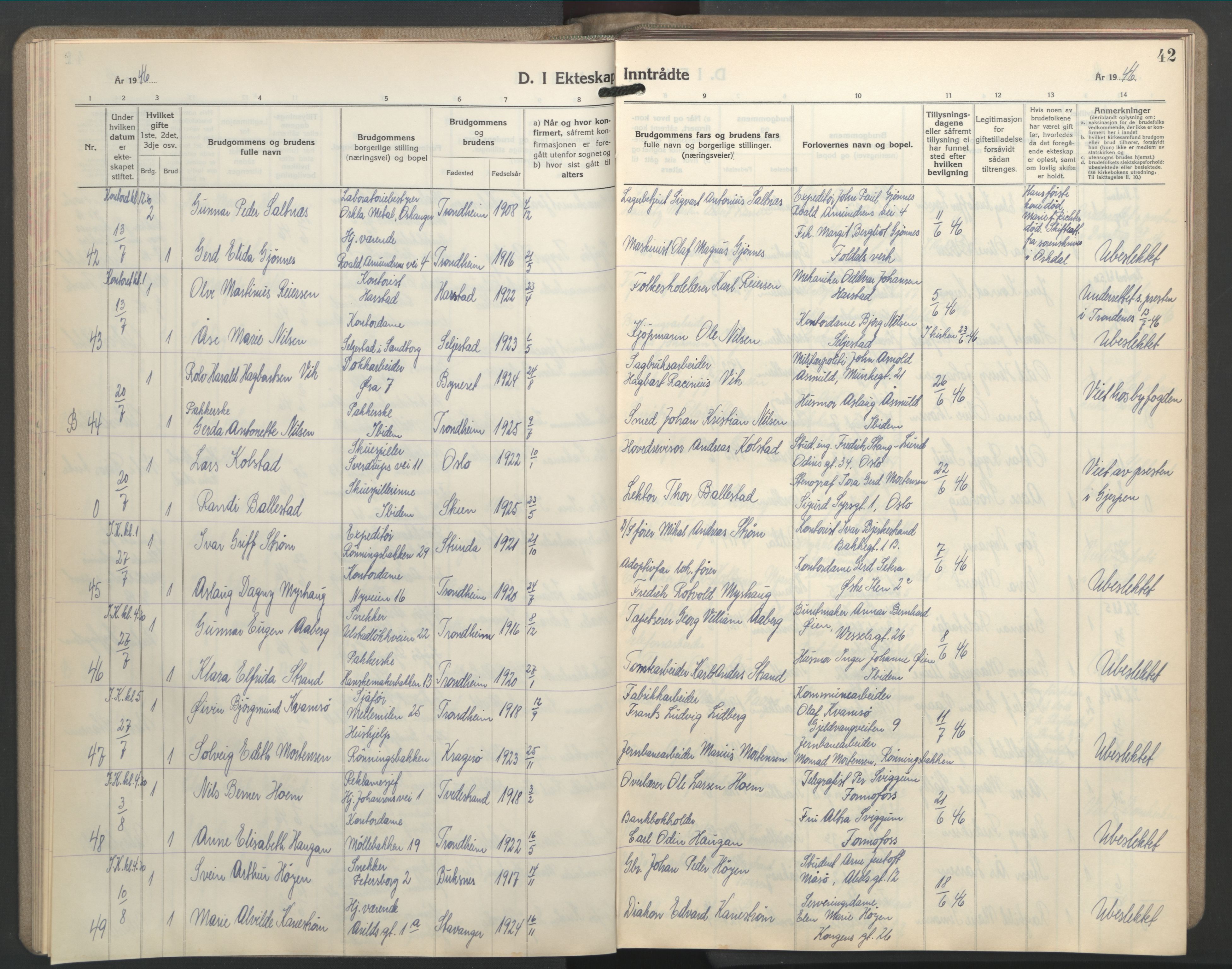 Ministerialprotokoller, klokkerbøker og fødselsregistre - Sør-Trøndelag, AV/SAT-A-1456/603/L0177: Klokkerbok nr. 603C05, 1941-1952, s. 42