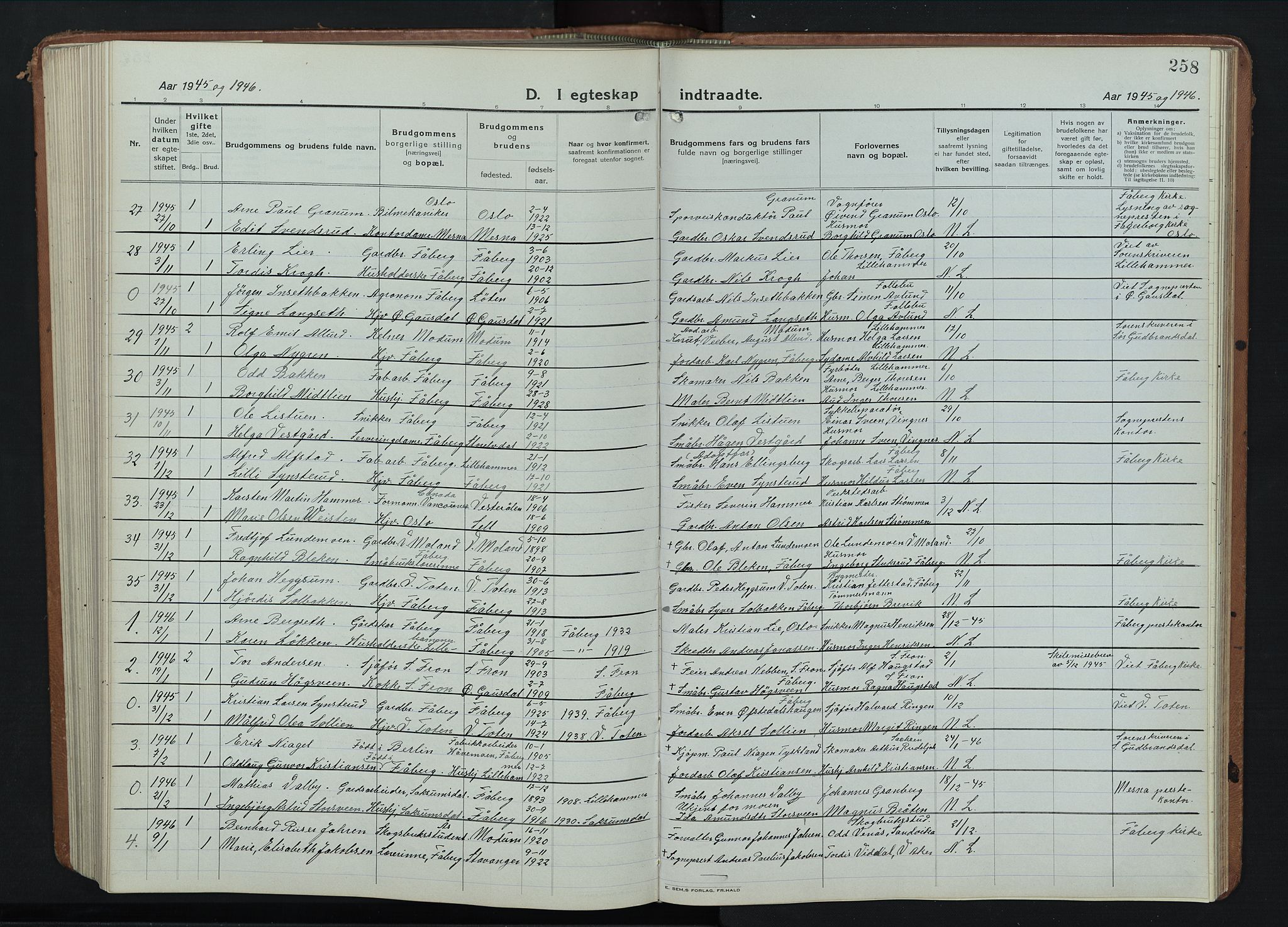 Fåberg prestekontor, AV/SAH-PREST-086/H/Ha/Hab/L0014: Klokkerbok nr. 14, 1922-1946, s. 258