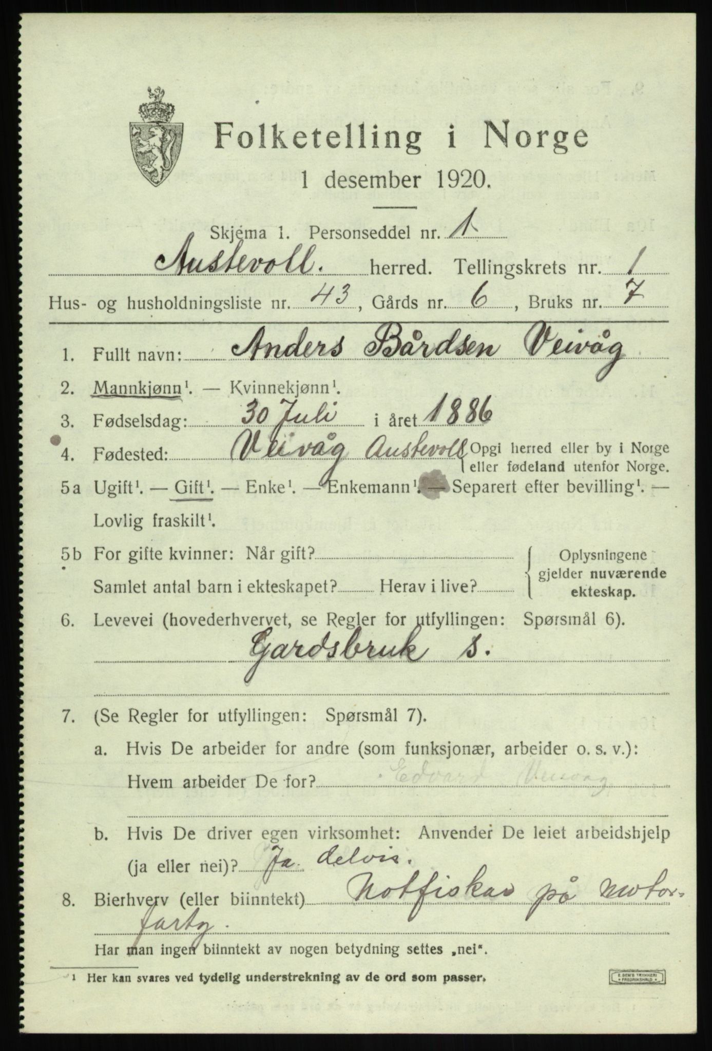 SAB, Folketelling 1920 for 1244 Austevoll herred, 1920, s. 1442