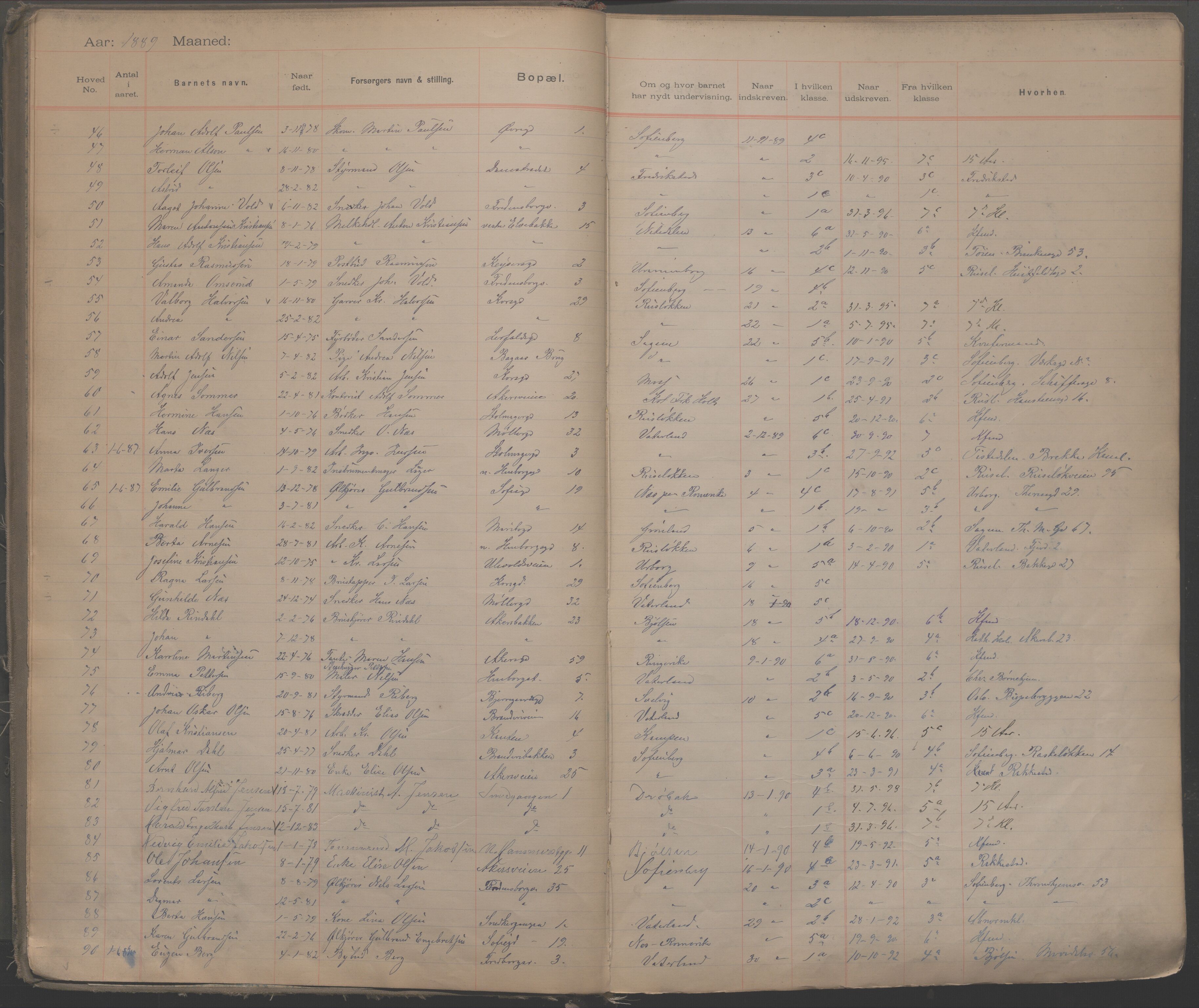 Møllergata skole, OBA/A-20129/F/Fa/L0001: Ut-/innskrivningsprotokoll, 1889-1907, s. 7