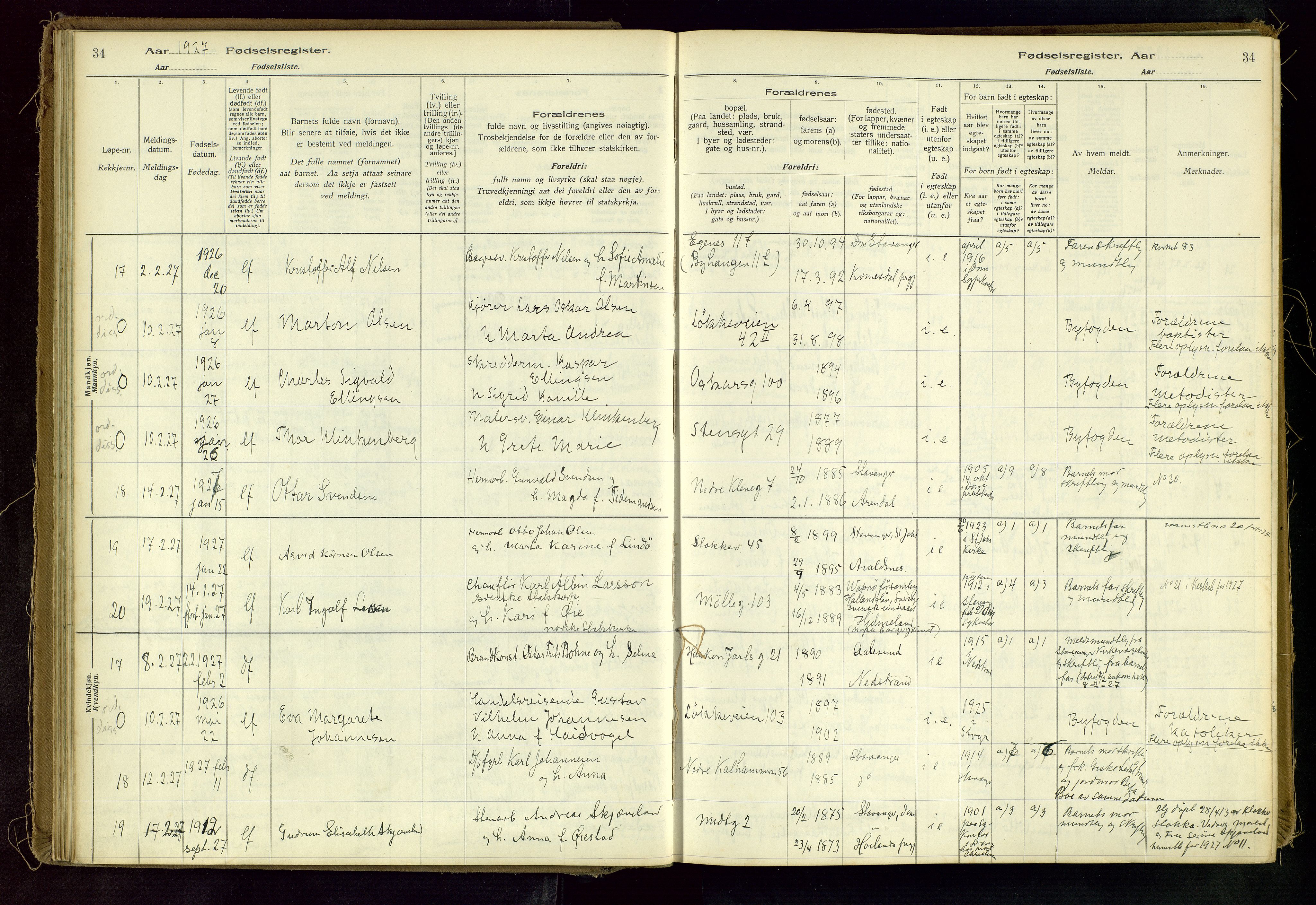 Domkirken sokneprestkontor, SAST/A-101812/002/A/L0001: Fødselsregister nr. 1, 1925-1932, s. 34