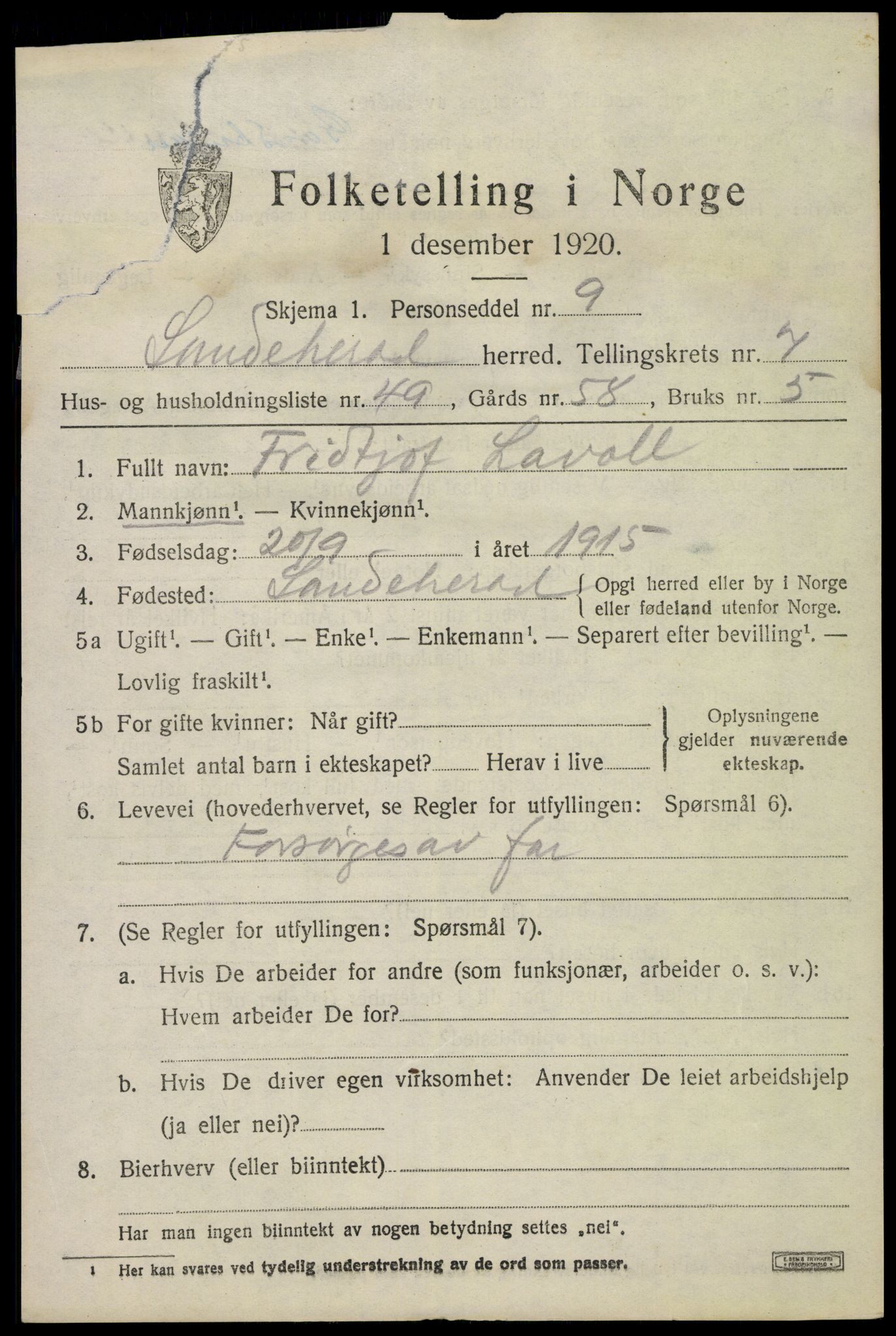 SAKO, Folketelling 1920 for 0724 Sandeherred herred, 1920, s. 12504
