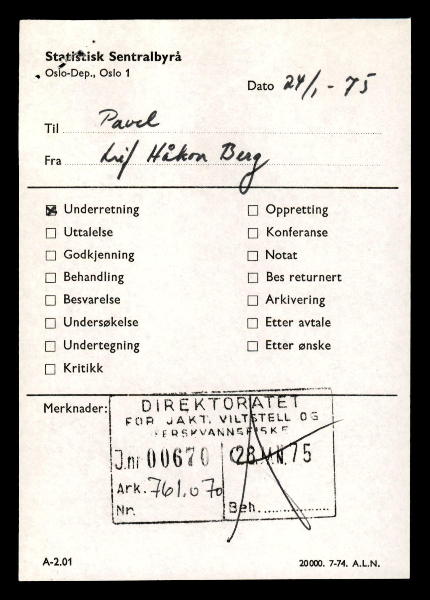 Direktoratet for naturforvaltning, AV/SAT-A-5209/4/D/De/L0102: Oppsyn, oppgaveplikt, 1965-1975, s. 101